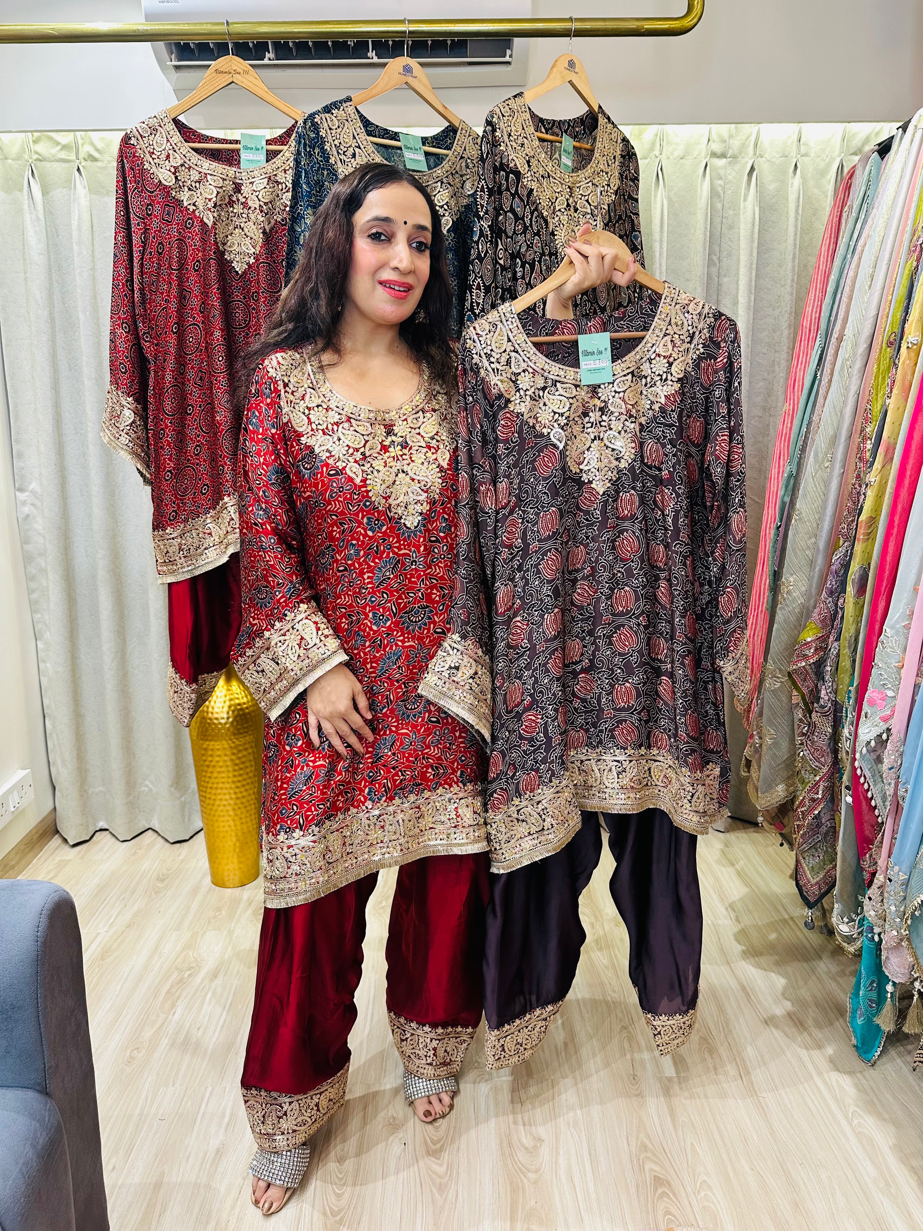 STITCHED AJRAK PRINTING CHOGA SETS WITH ZARDOZI ANTIQUE WORK WITH FARSHI SALWAR.