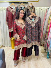 STITCHED AJRAK PRINTING CHOGA SETS WITH ZARDOZI ANTIQUE WORK WITH FARSHI SALWAR.