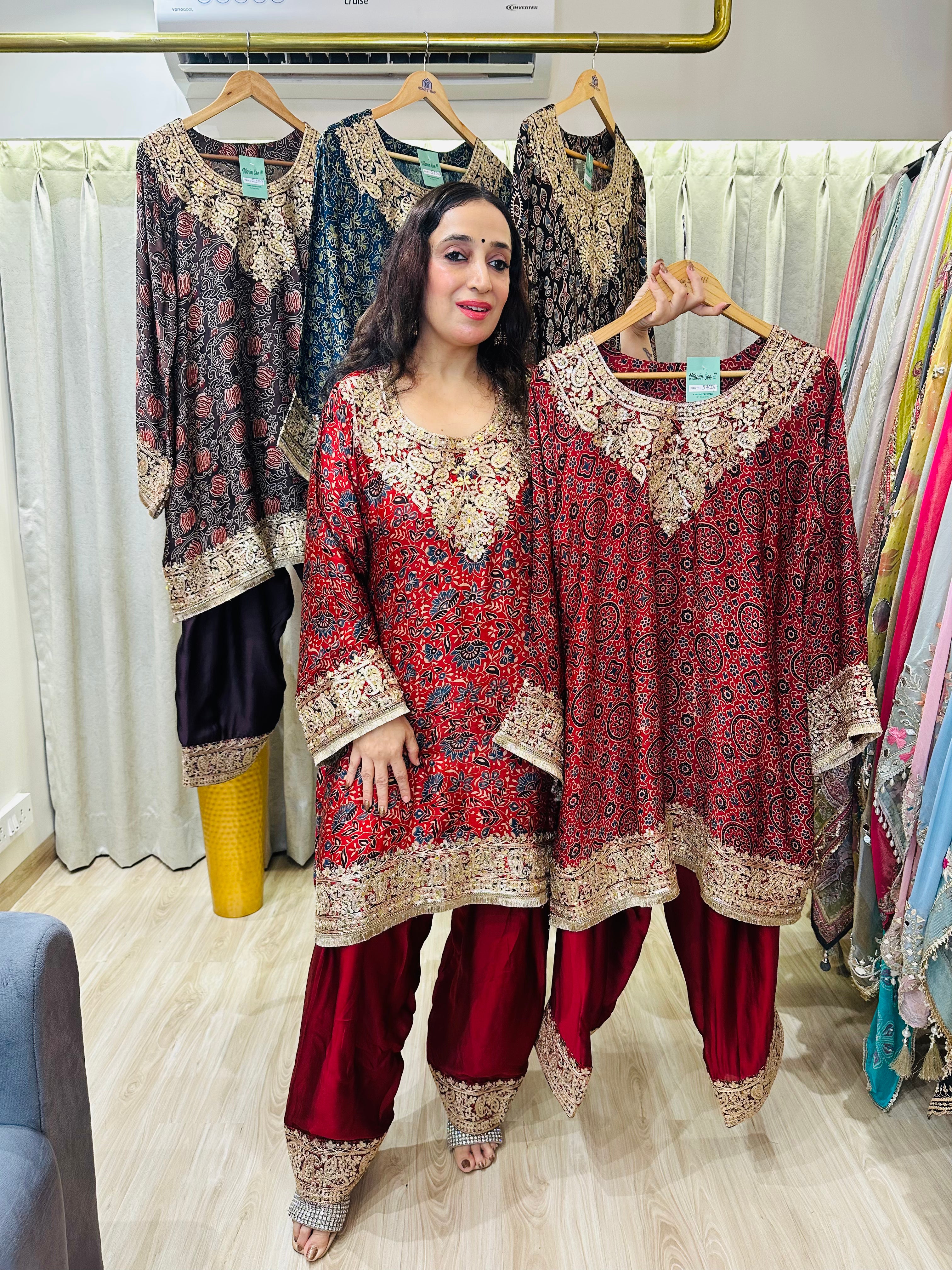STITCHED AJRAK PRINTING CHOGA SETS WITH ZARDOZI ANTIQUE WORK WITH FARSHI SALWAR.