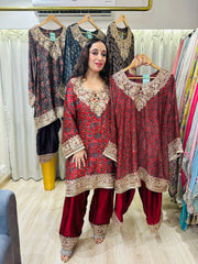 STITCHED AJRAK PRINTING CHOGA SETS WITH ZARDOZI ANTIQUE WORK WITH FARSHI SALWAR.