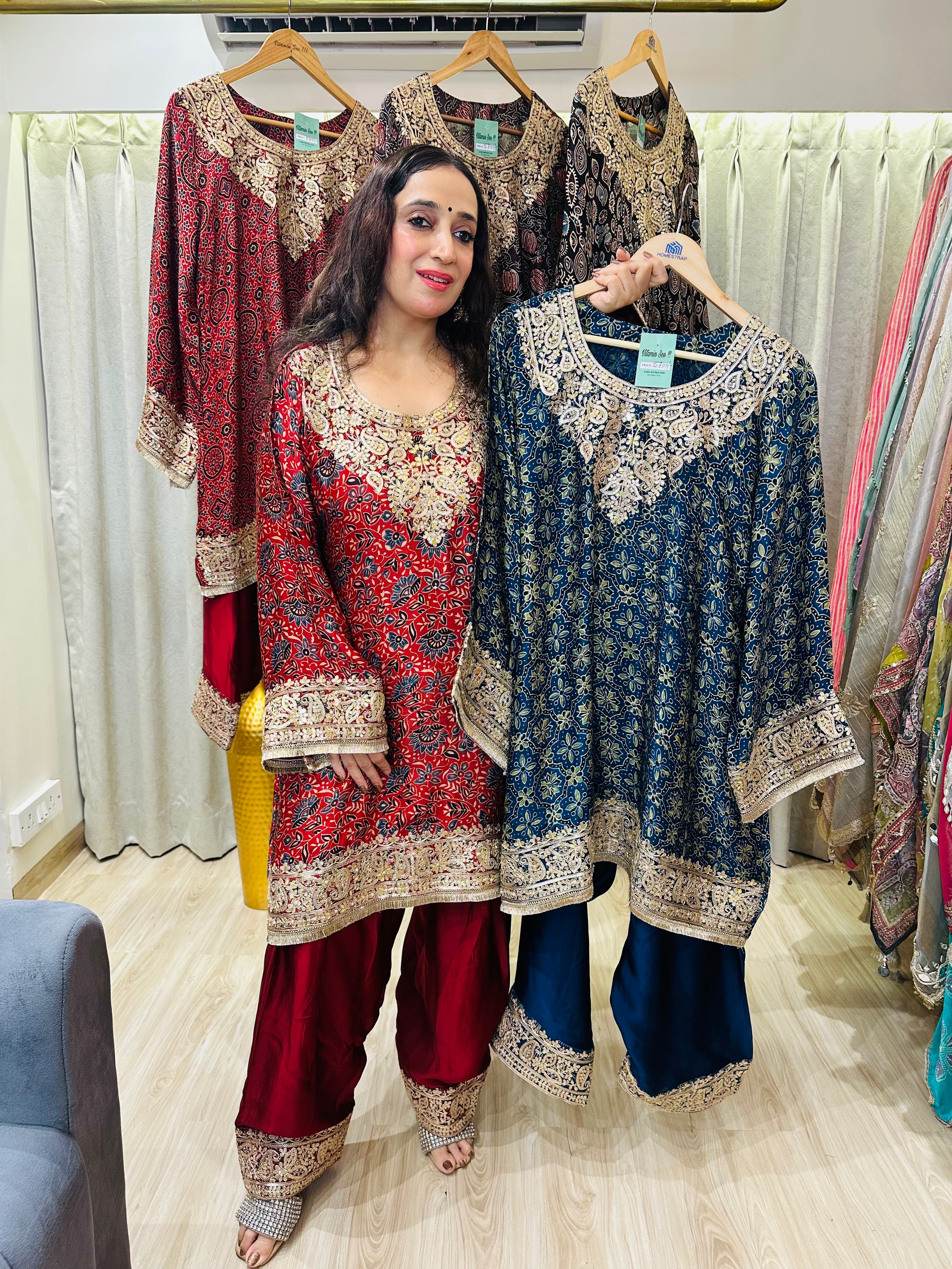 STITCHED AJRAK PRINTING CHOGA SETS WITH ZARDOZI ANTIQUE WORK WITH FARSHI SALWAR.