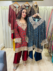 STITCHED AJRAK PRINTING CHOGA SETS WITH ZARDOZI ANTIQUE WORK WITH FARSHI SALWAR.