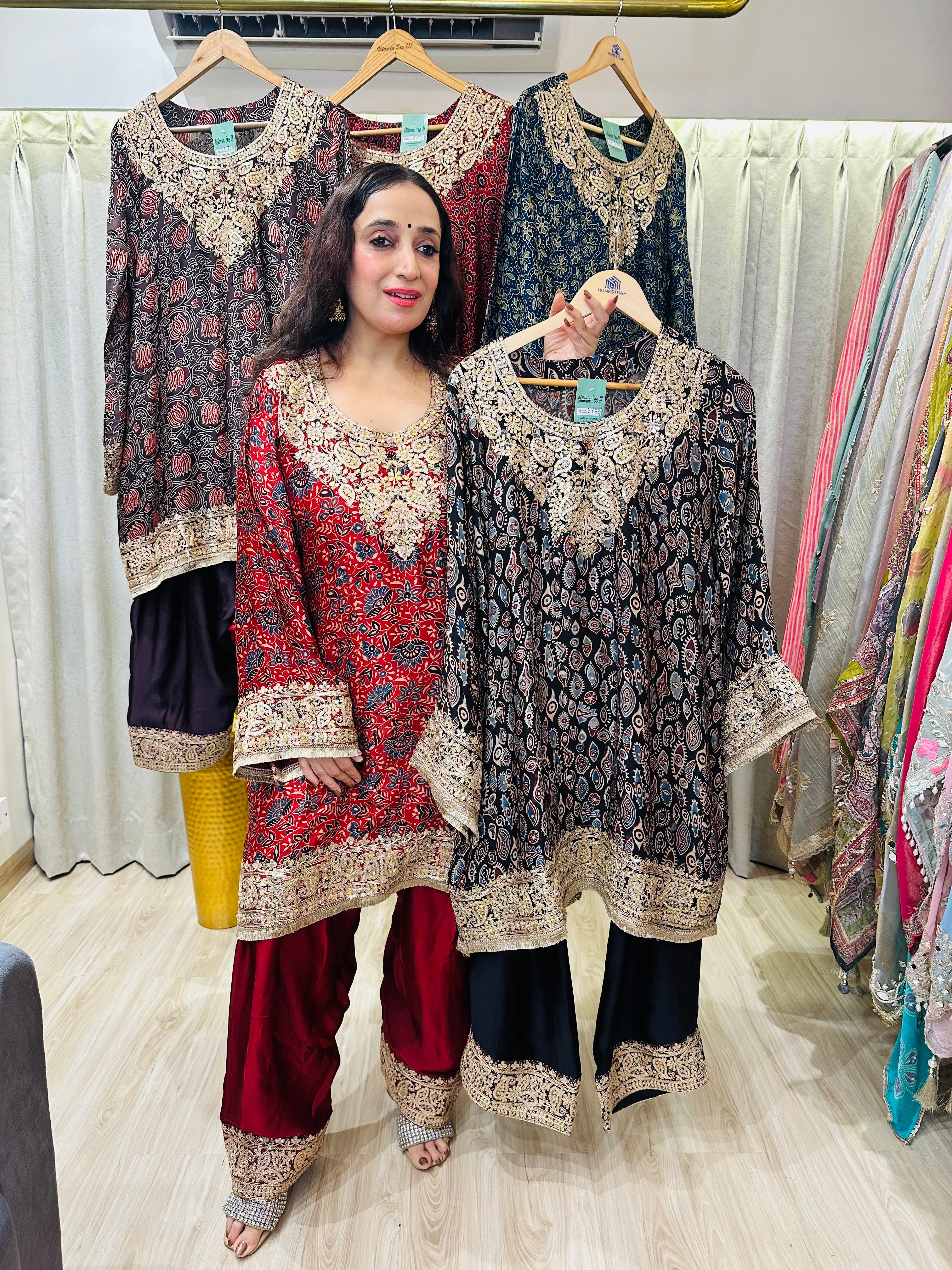 STITCHED AJRAK PRINTING CHOGA SETS WITH ZARDOZI ANTIQUE WORK WITH FARSHI SALWAR.