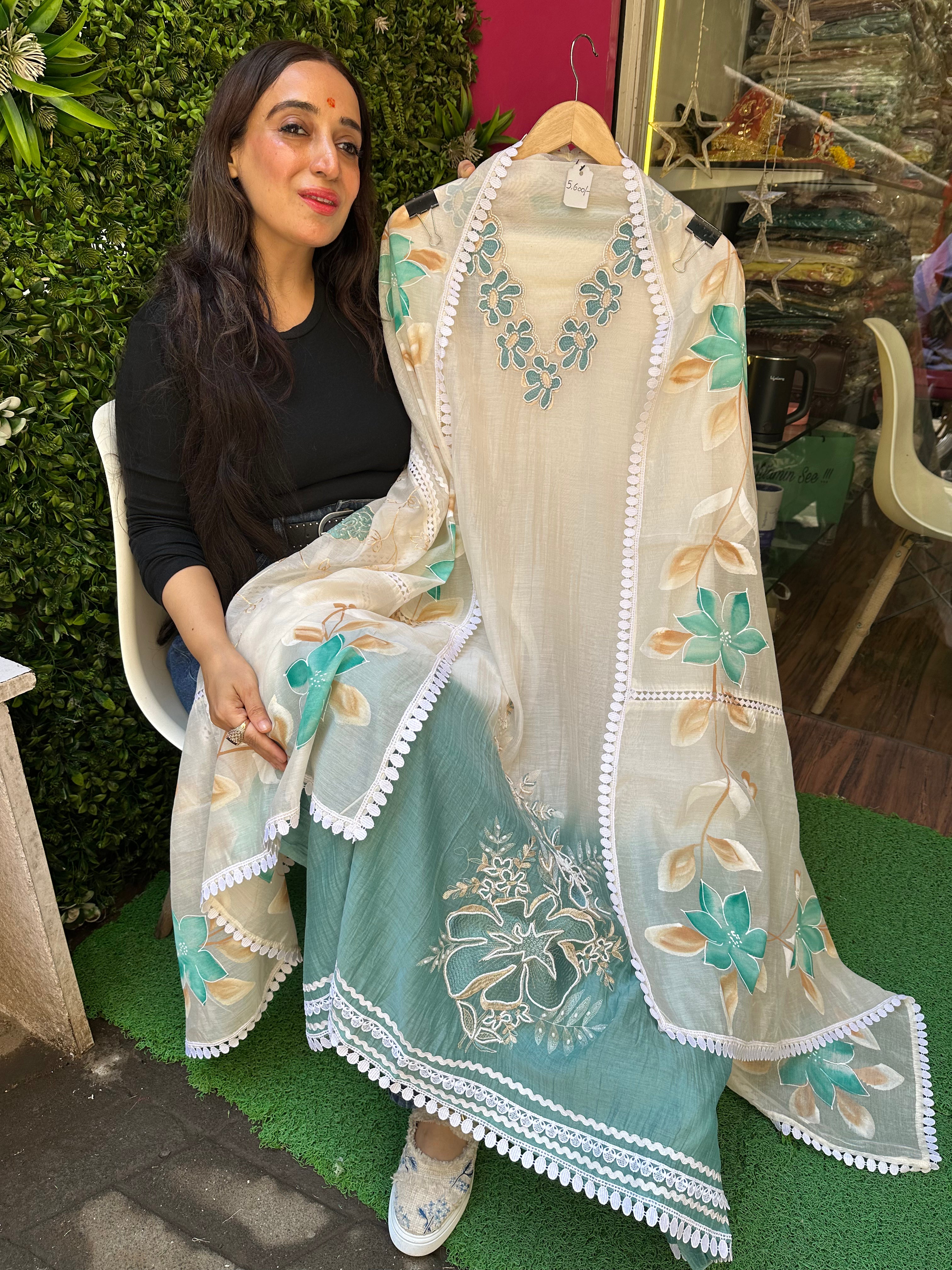 Unstitched PURE DESIGNER MULMUL HANDWORK SUITS.