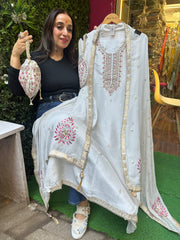Unstitched PURE SHIMMER SILK SUITS WITH NALKI WORK AND POTLI.