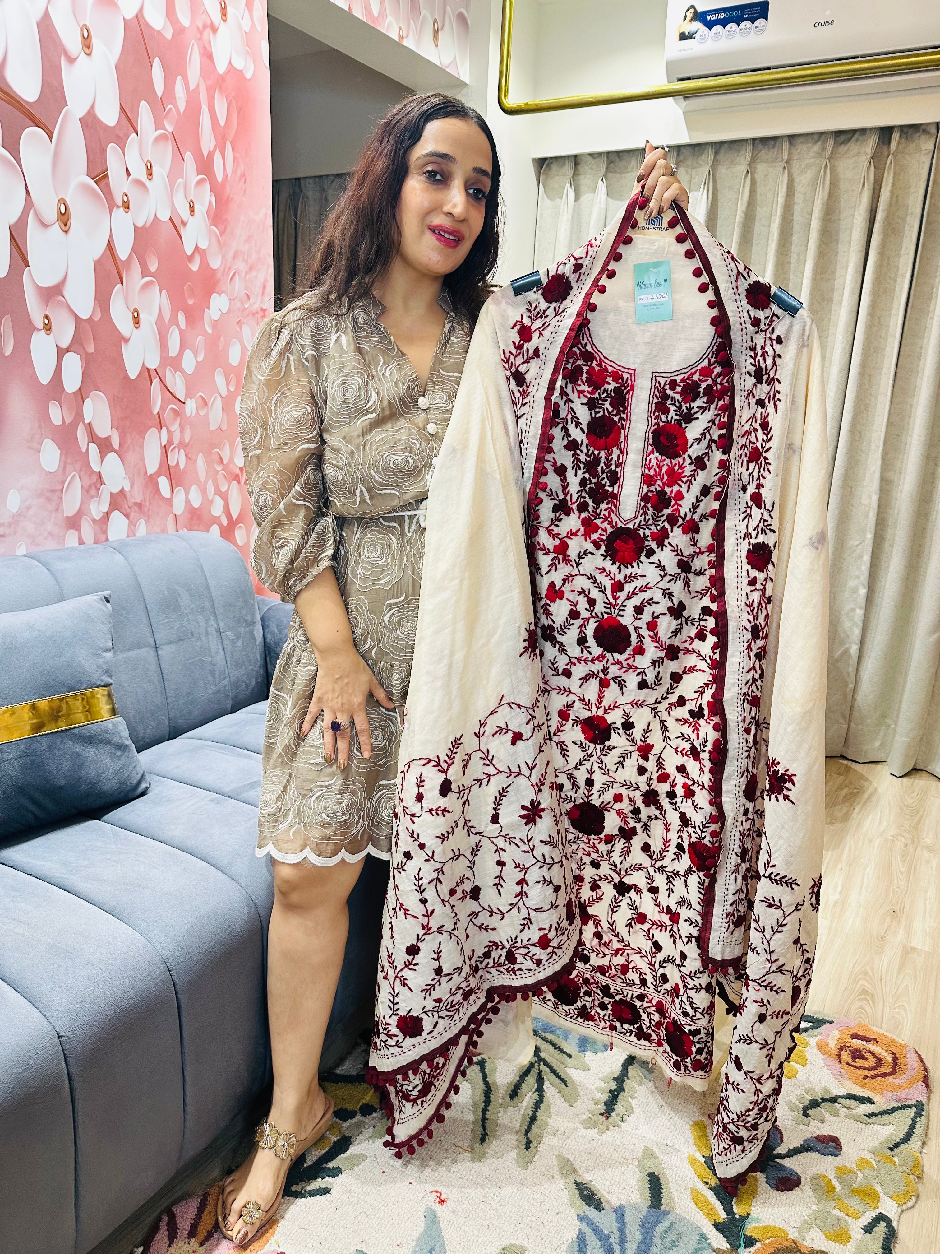 UNSTITCHED PURE MULMUL CHANDERI CALCUTTA WORK INSPIRED SUITS.