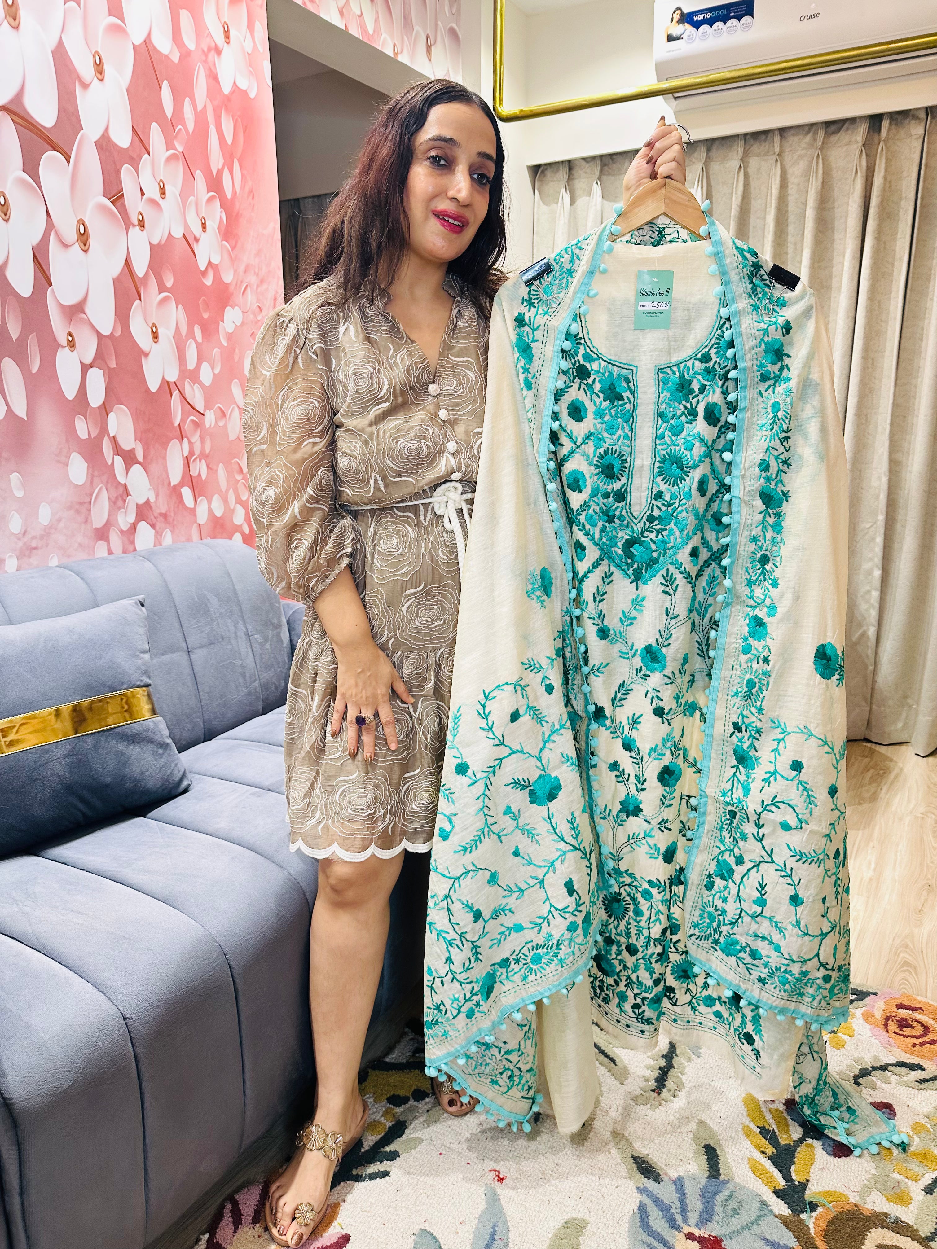 UNSTITCHED PURE MULMUL CHANDERI CALCUTTA WORK INSPIRED SUITS.