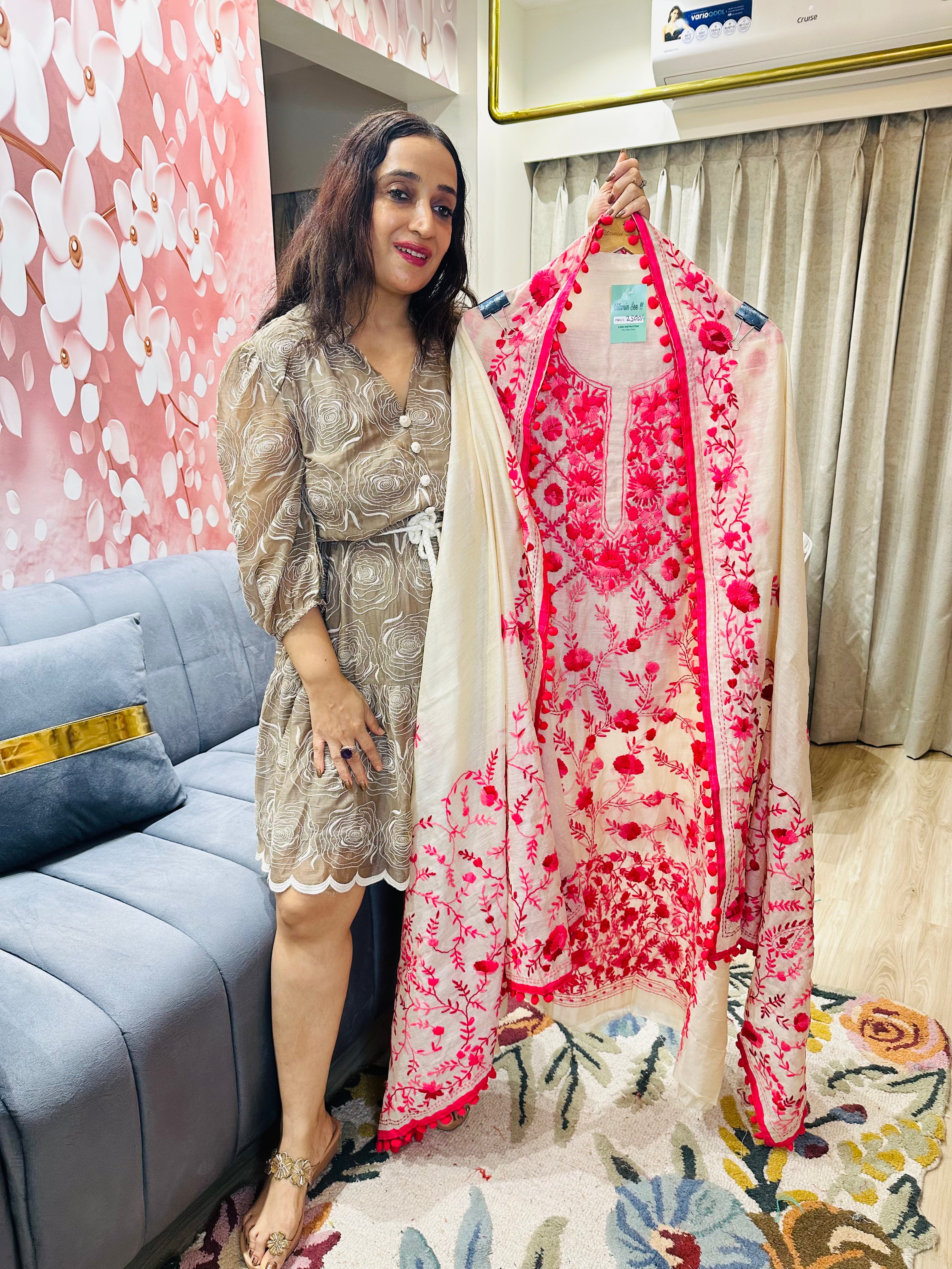 UNSTITCHED PURE MULMUL CHANDERI CALCUTTA WORK INSPIRED SUITS.