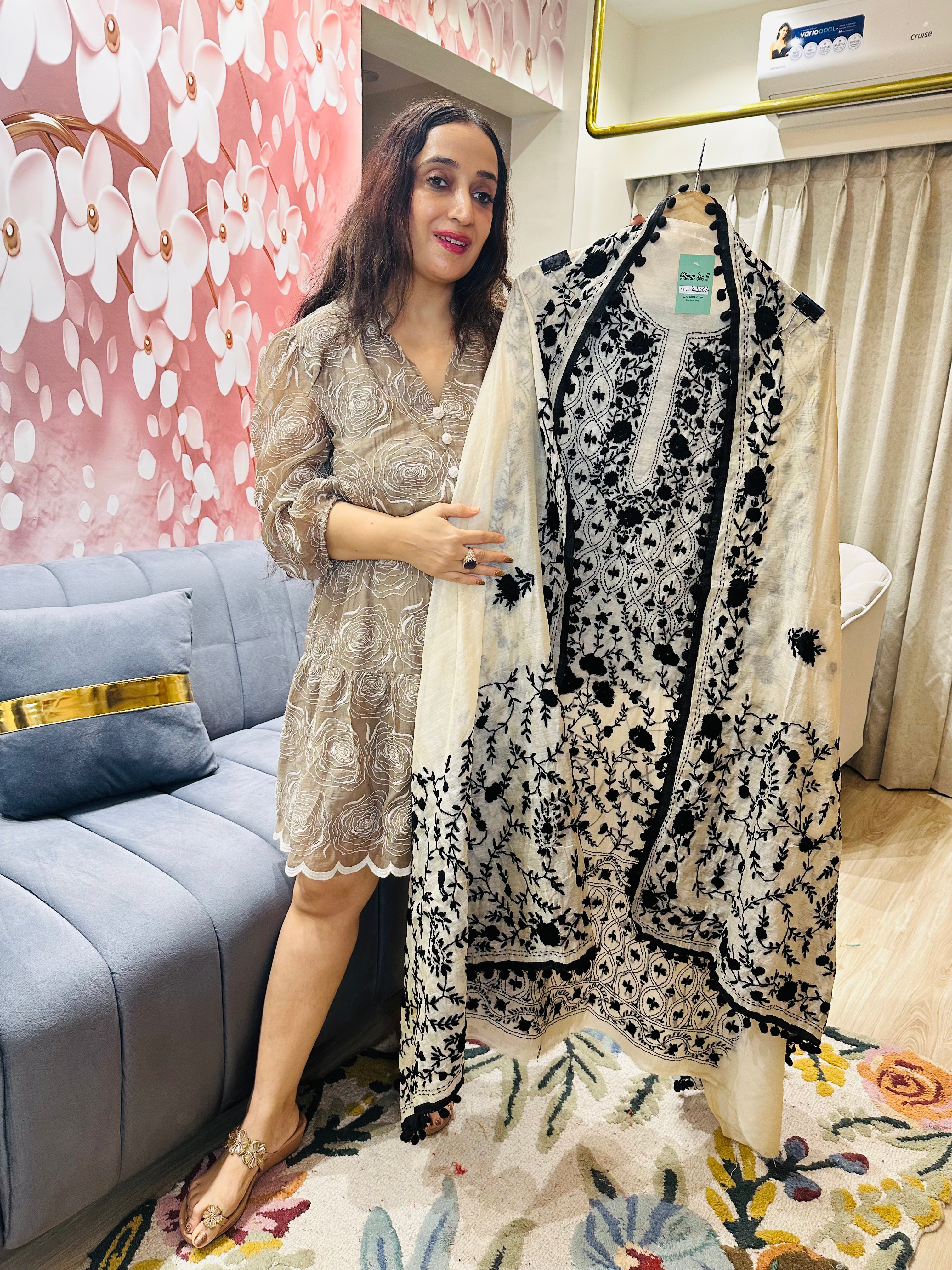 UNSTITCHED PURE MULMUL CHANDERI CALCUTTA WORK INSPIRED SUITS.