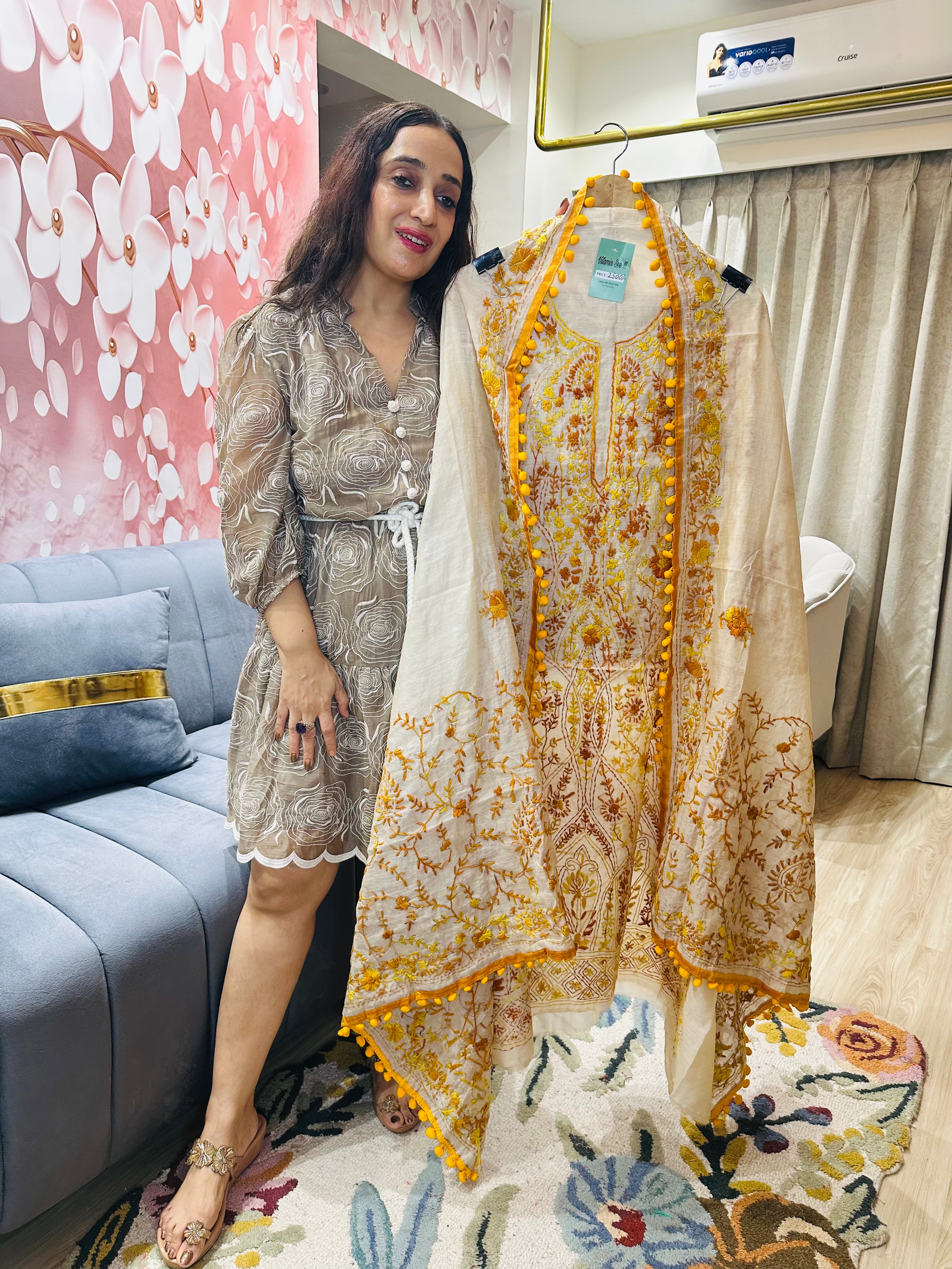 UNSTITCHED PURE MULMUL CHANDERI CALCUTTA WORK INSPIRED SUITS.