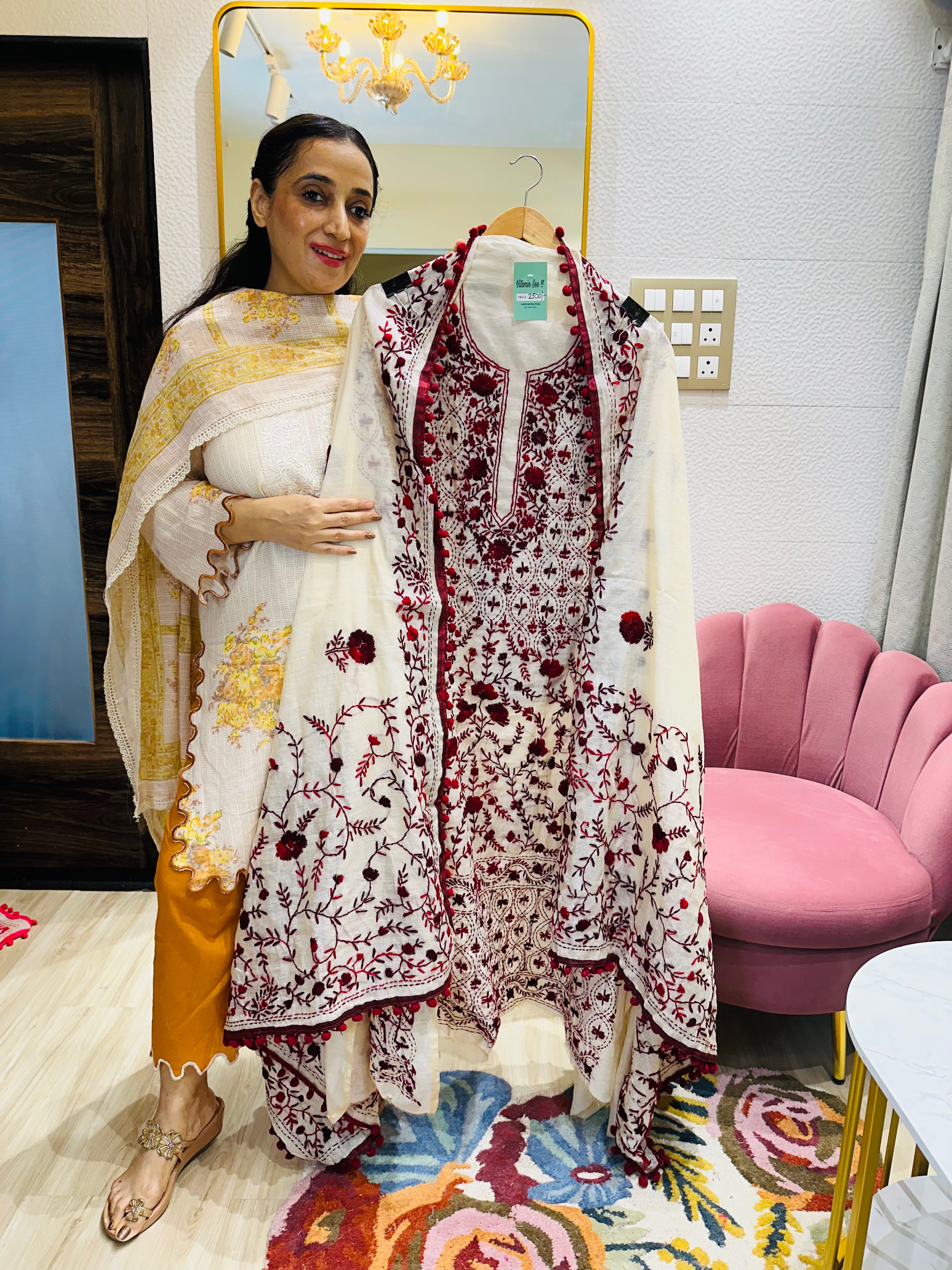 UNSTITCHED PURE MULMUL CHANDERI CALCUTTA WORK INSPIRED SUITS.