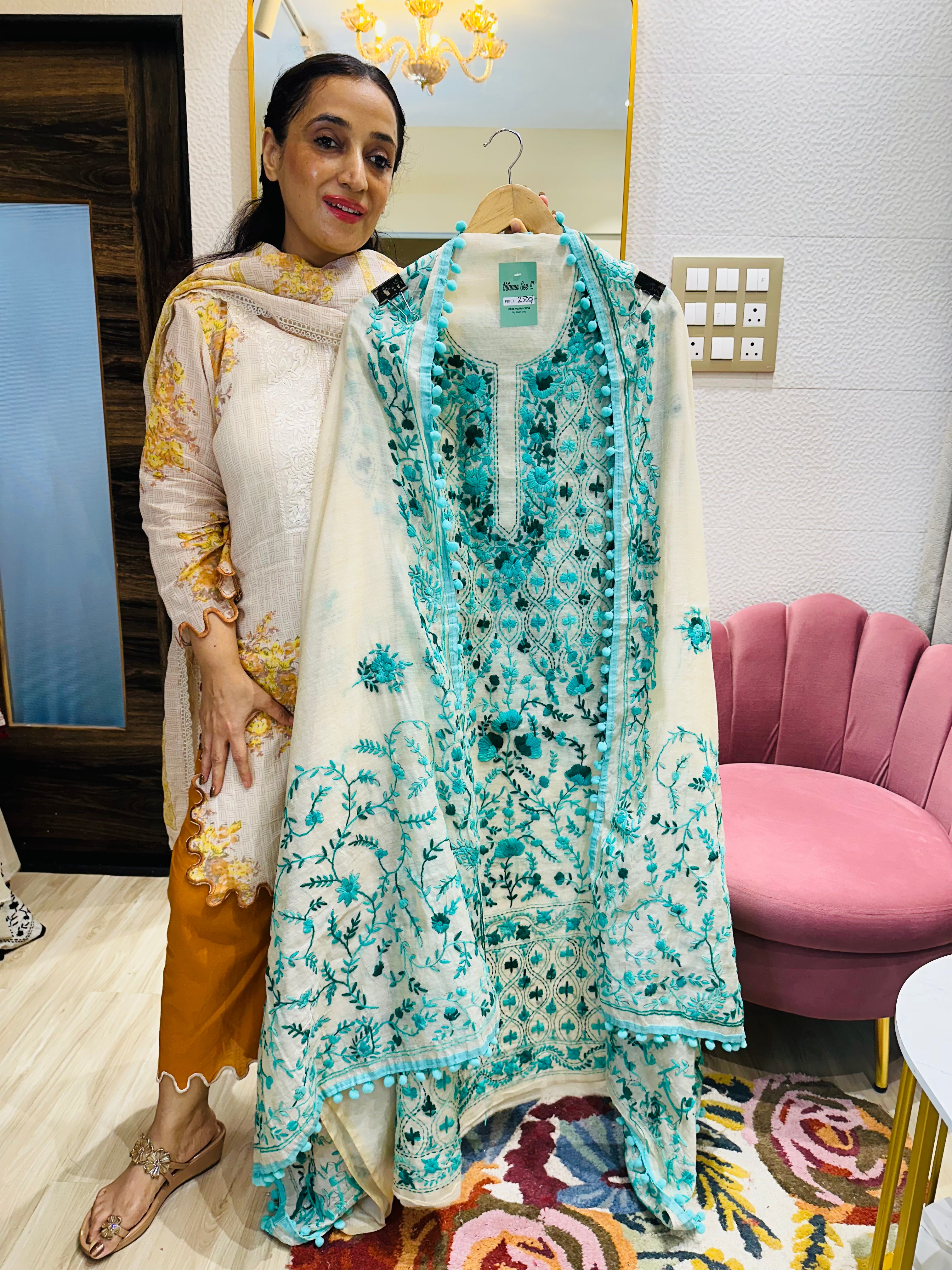UNSTITCHED PURE MULMUL CHANDERI CALCUTTA WORK INSPIRED SUITS.