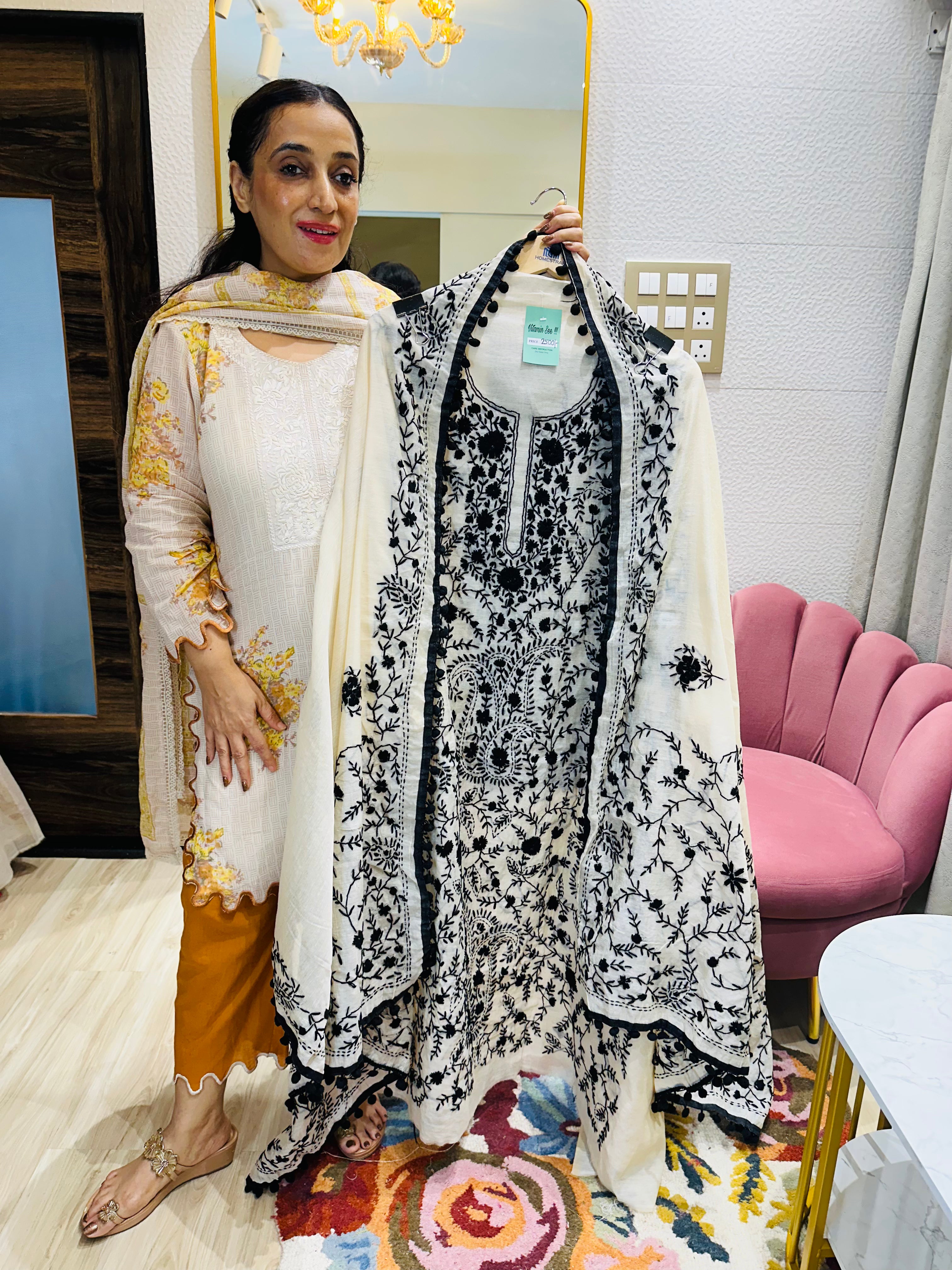 UNSTITCHED PURE MULMUL CHANDERI CALCUTTA WORK INSPIRED SUITS.