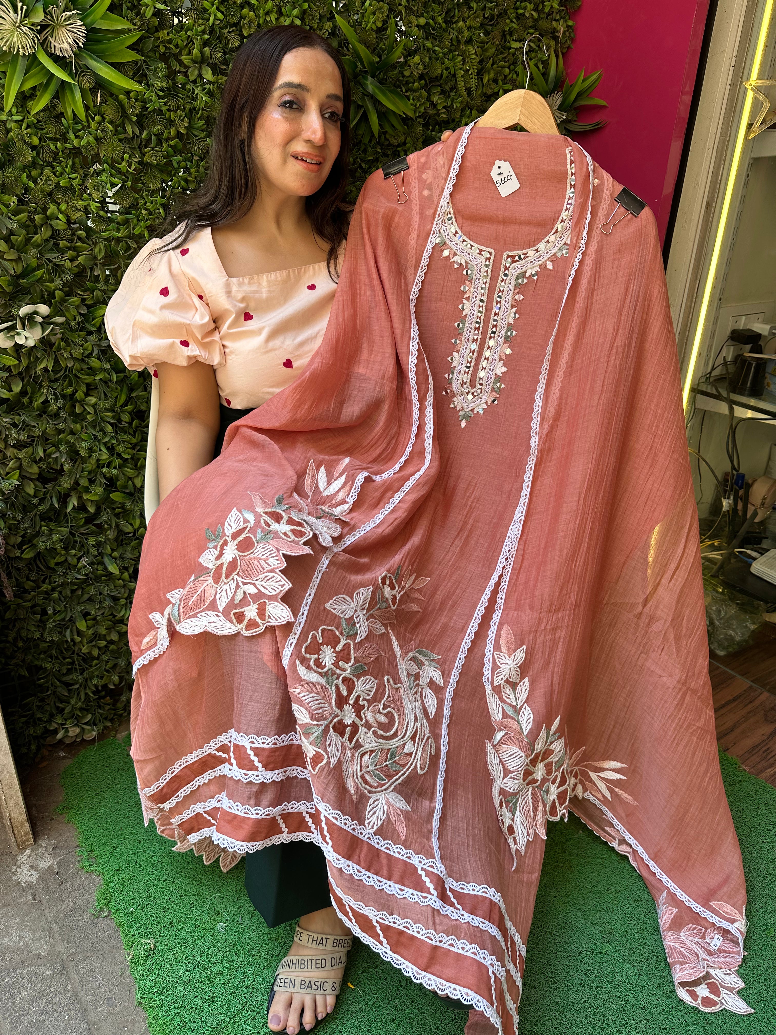 Unstitched PURE DESIGNER MULMUL HANDWORK SUITS.