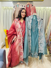 UNSTITCHED PURE MULMUL KASHMIRI WORK INSPIRED SUITS.