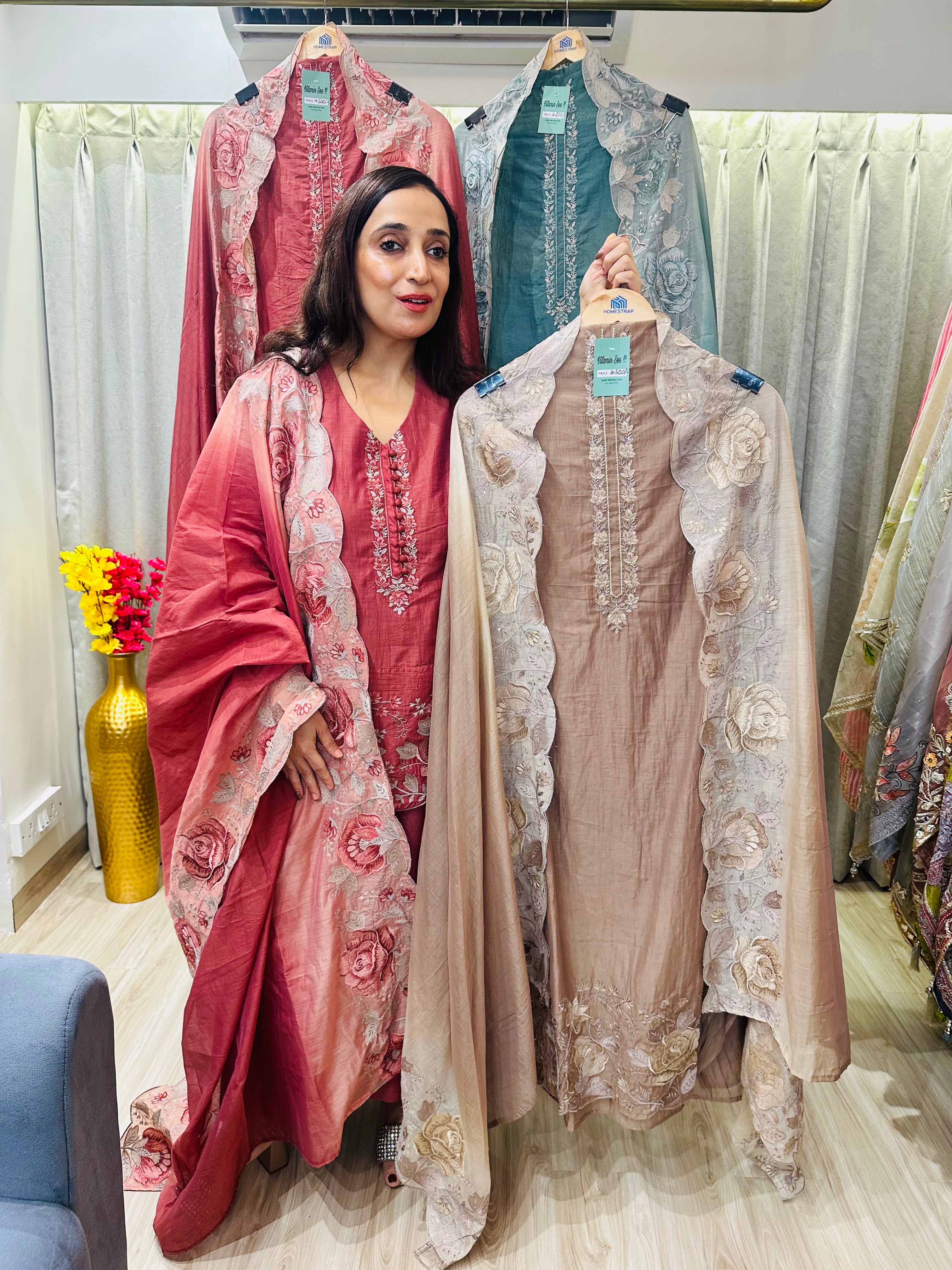 UNSTITCHED PURE MULMUL KASHMIRI WORK INSPIRED SUITS.