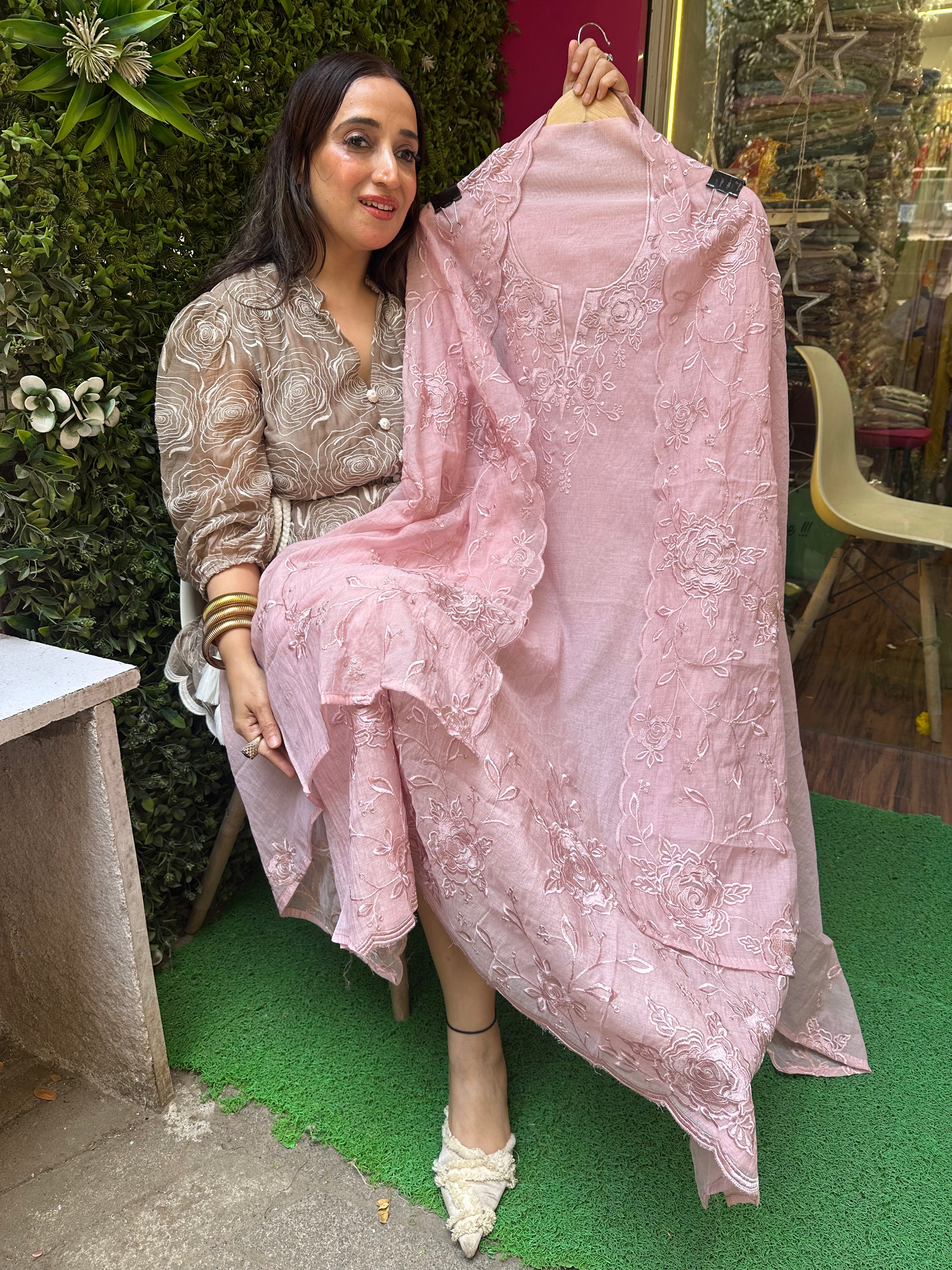 Unstitched PURE MULMUL CHANDERI RESHAM WORK SUITS.