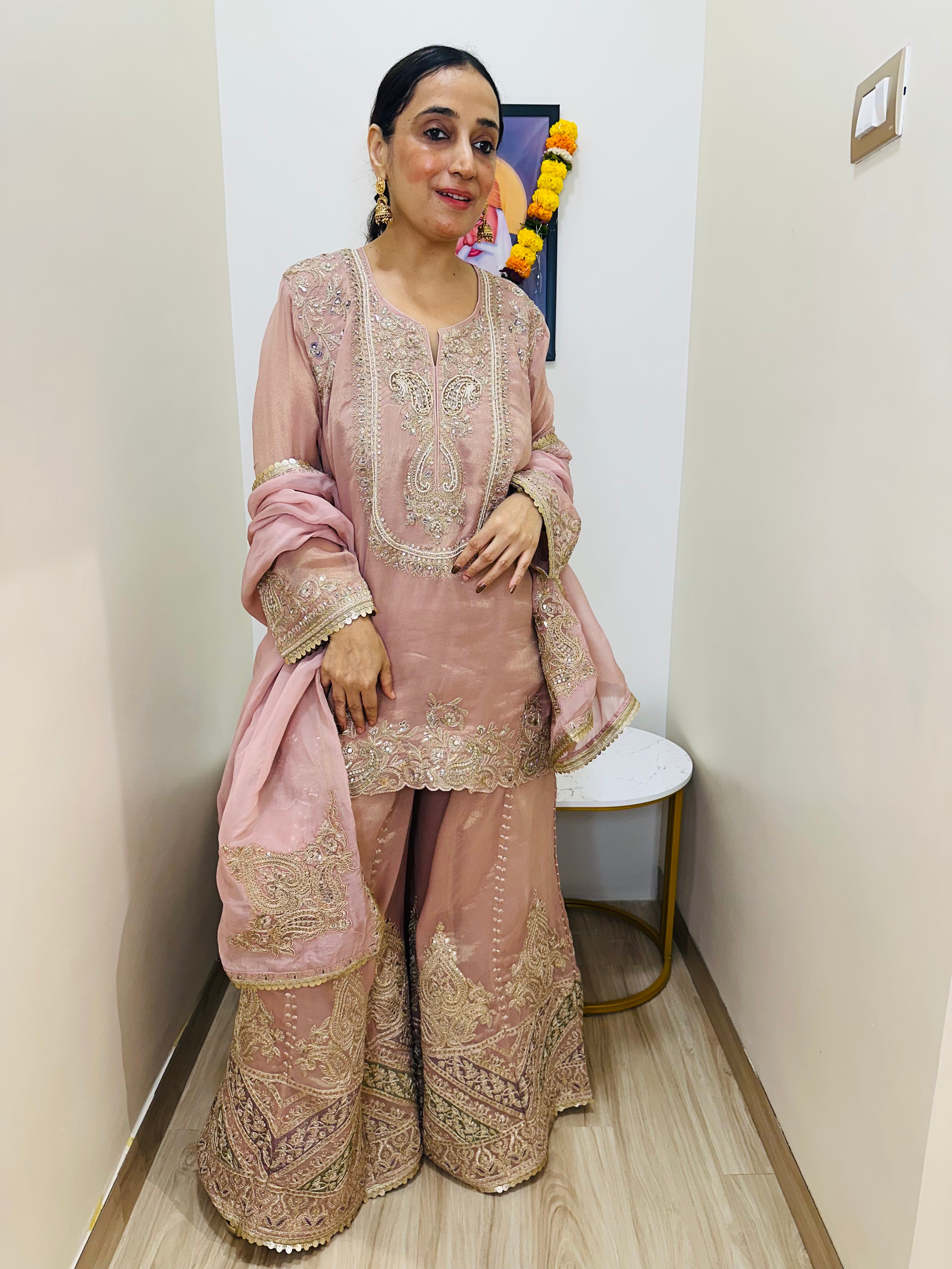 STITCHED PURE TISSUE SILK SHARARA SETS.