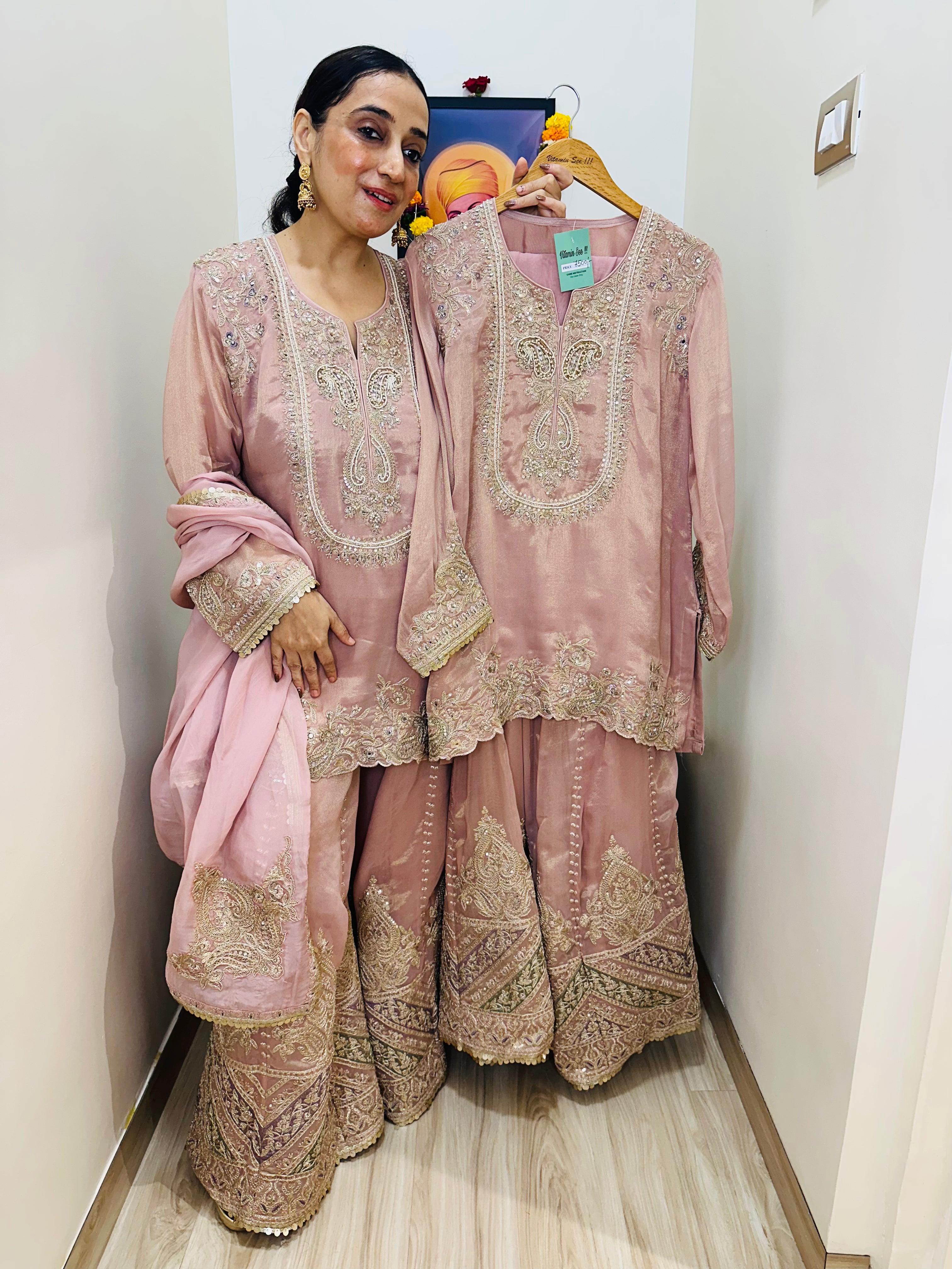 STITCHED PURE TISSUE SILK SHARARA SETS.