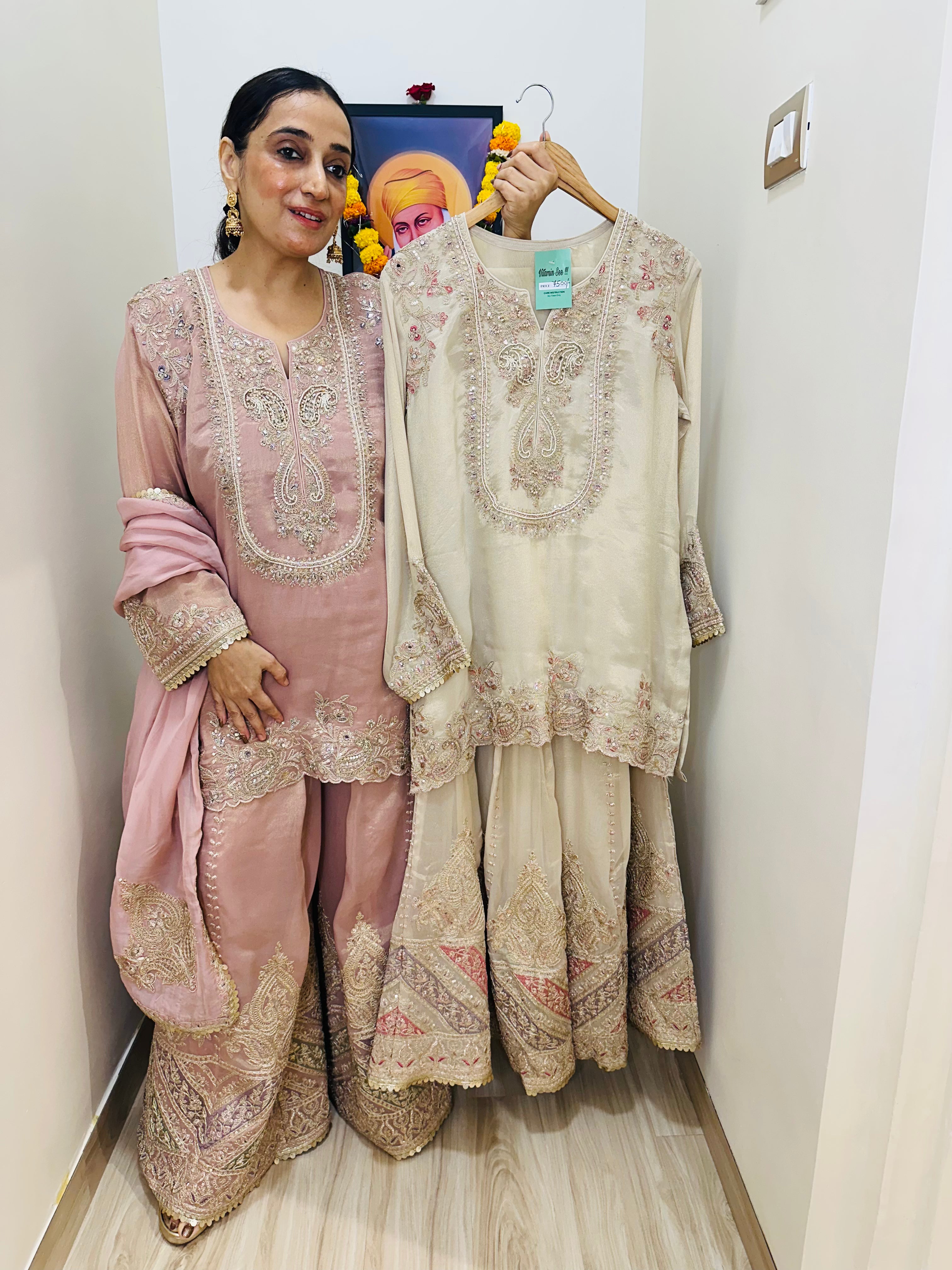 STITCHED PURE TISSUE SILK SHARARA SETS.