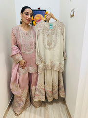 STITCHED PURE TISSUE SILK SHARARA SETS.