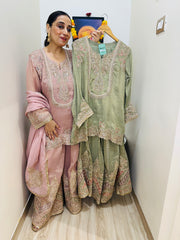 STITCHED PURE TISSUE SILK SHARARA SETS.