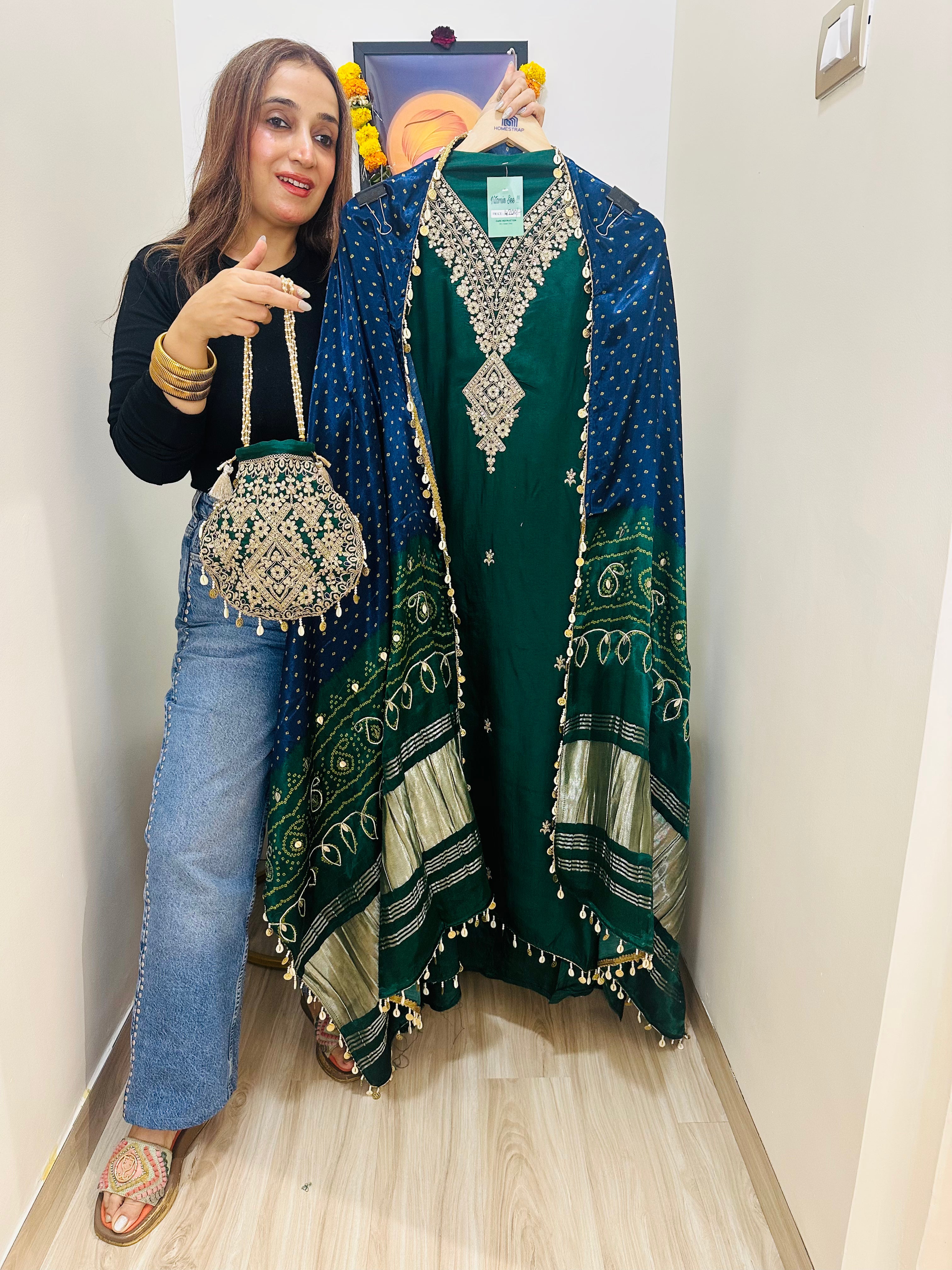 UNSTITCHED PURE RUSSIAN SILK SUITS WITH ANTIQUE WORK WITH POTLIS.