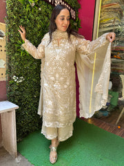 STITCHED PURE MULMUL CHANDERI HANDWORK SUITS.