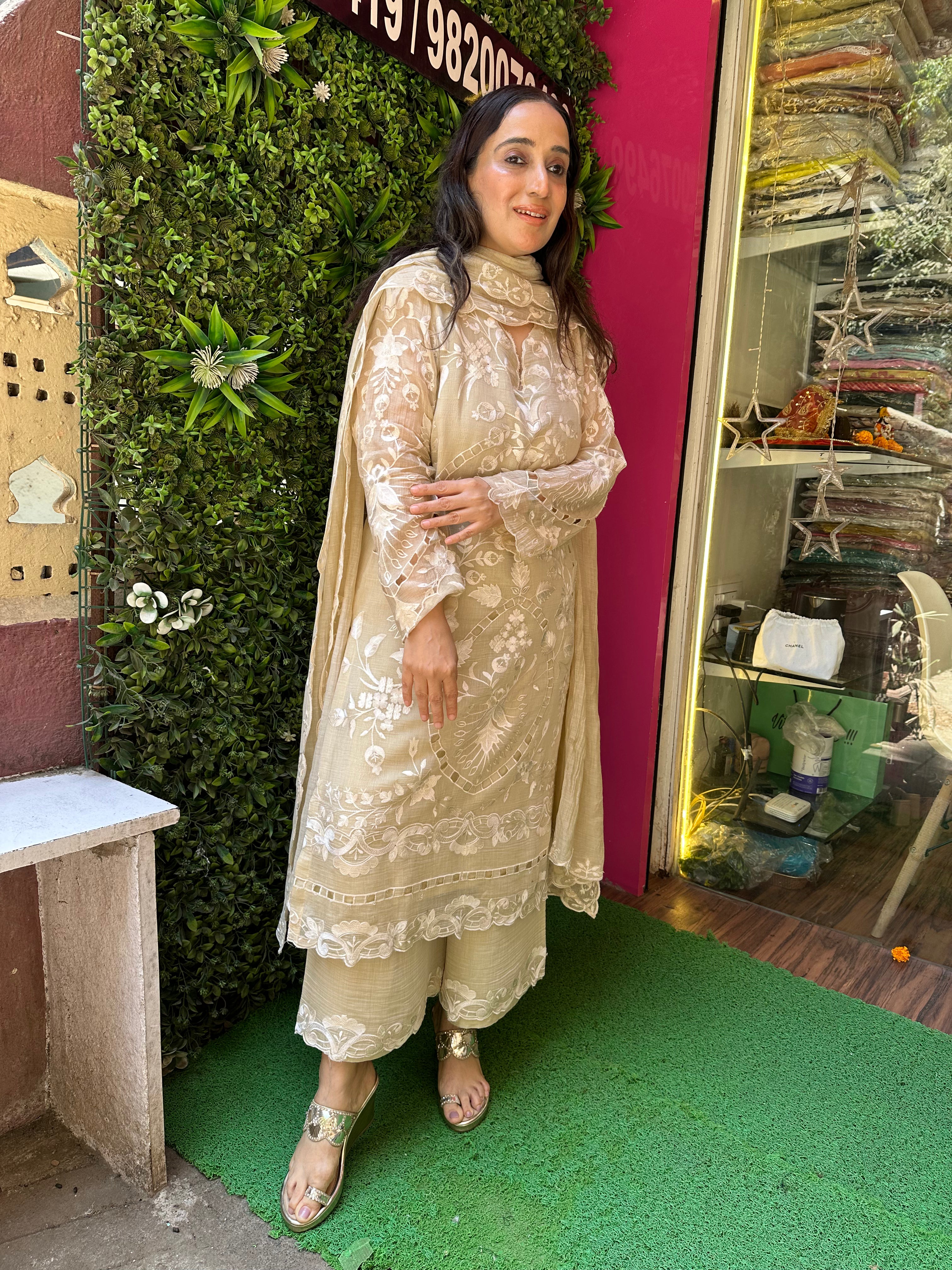 STITCHED PURE MULMUL CHANDERI HANDWORK SUITS.