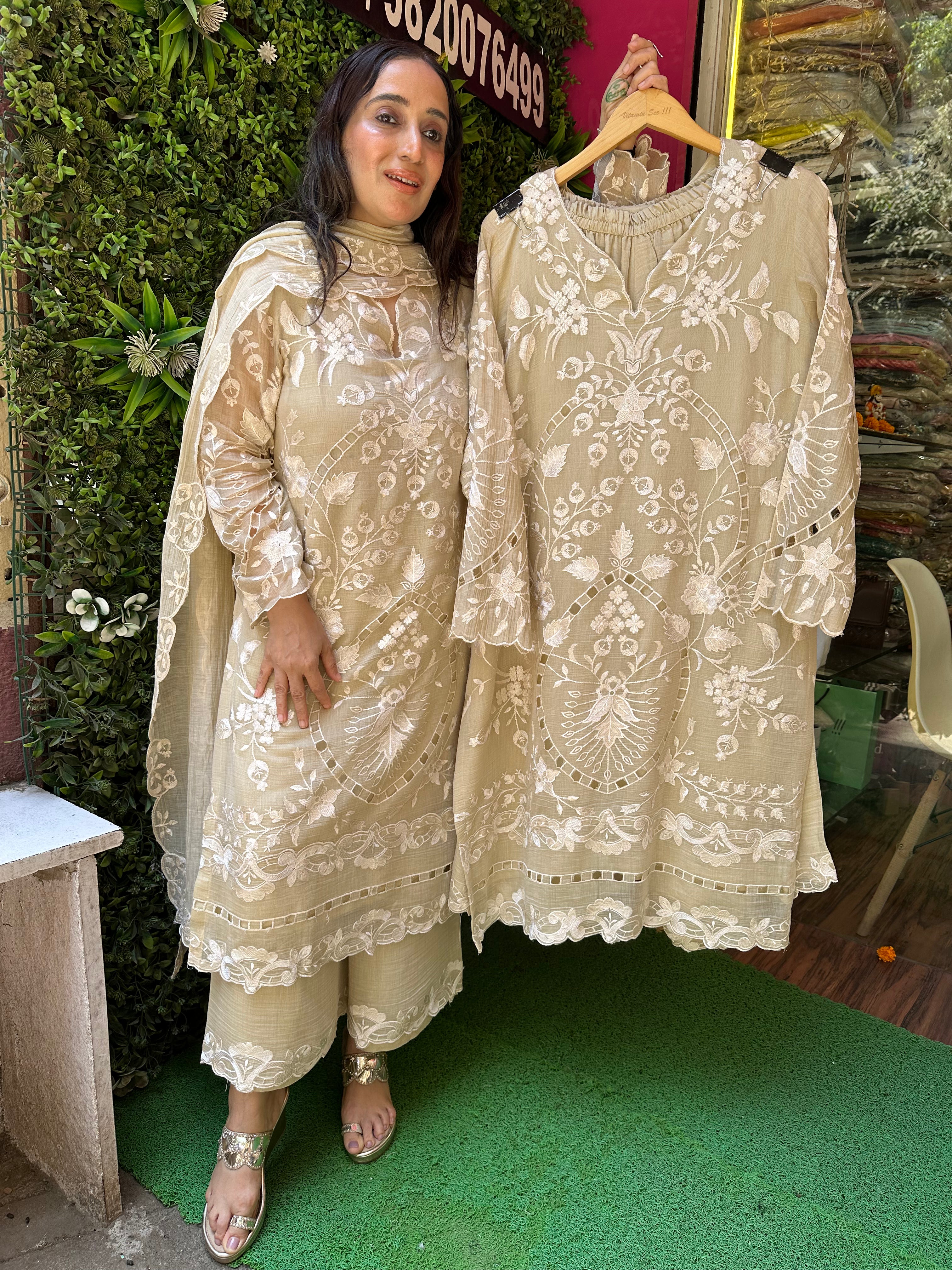 STITCHED PURE MULMUL CHANDERI HANDWORK SUITS.