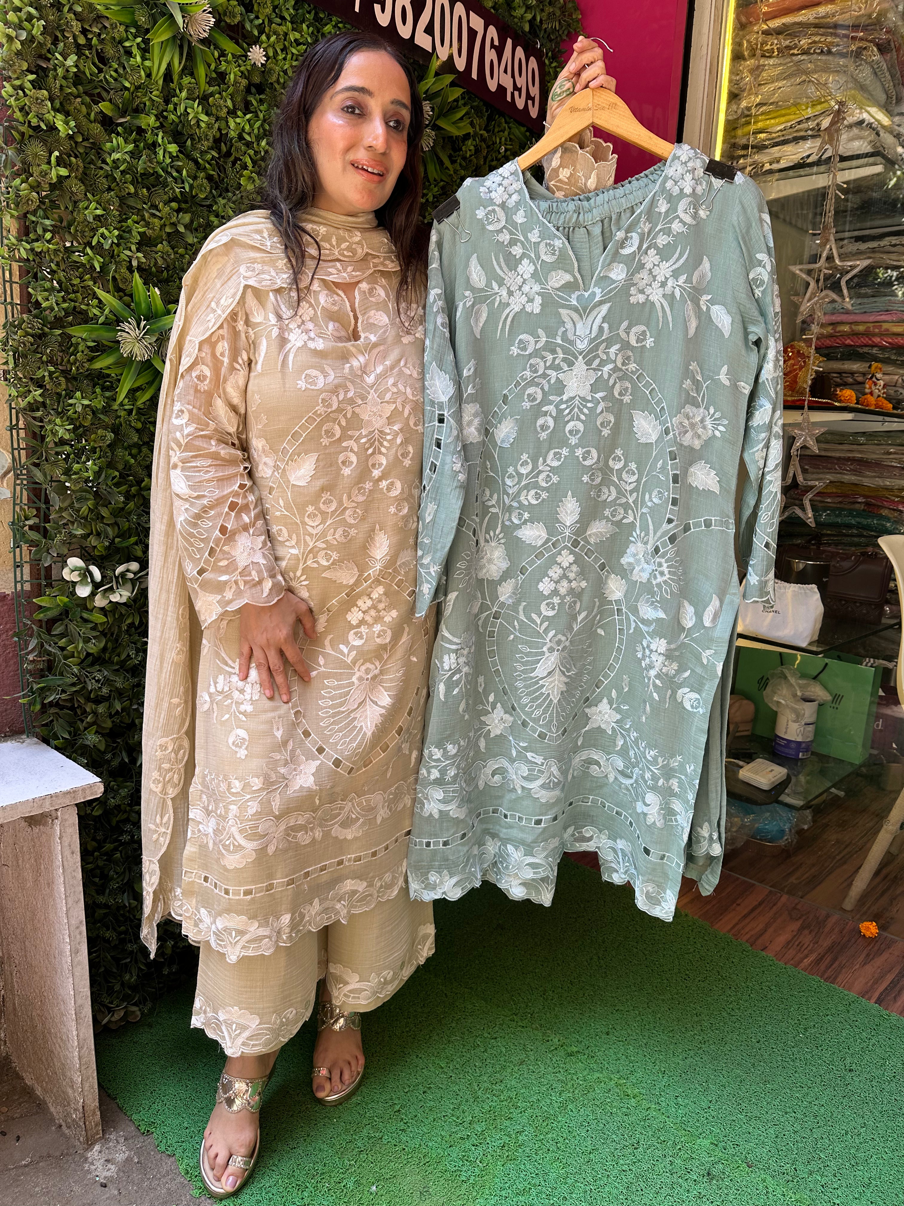 STITCHED PURE MULMUL CHANDERI HANDWORK SUITS.