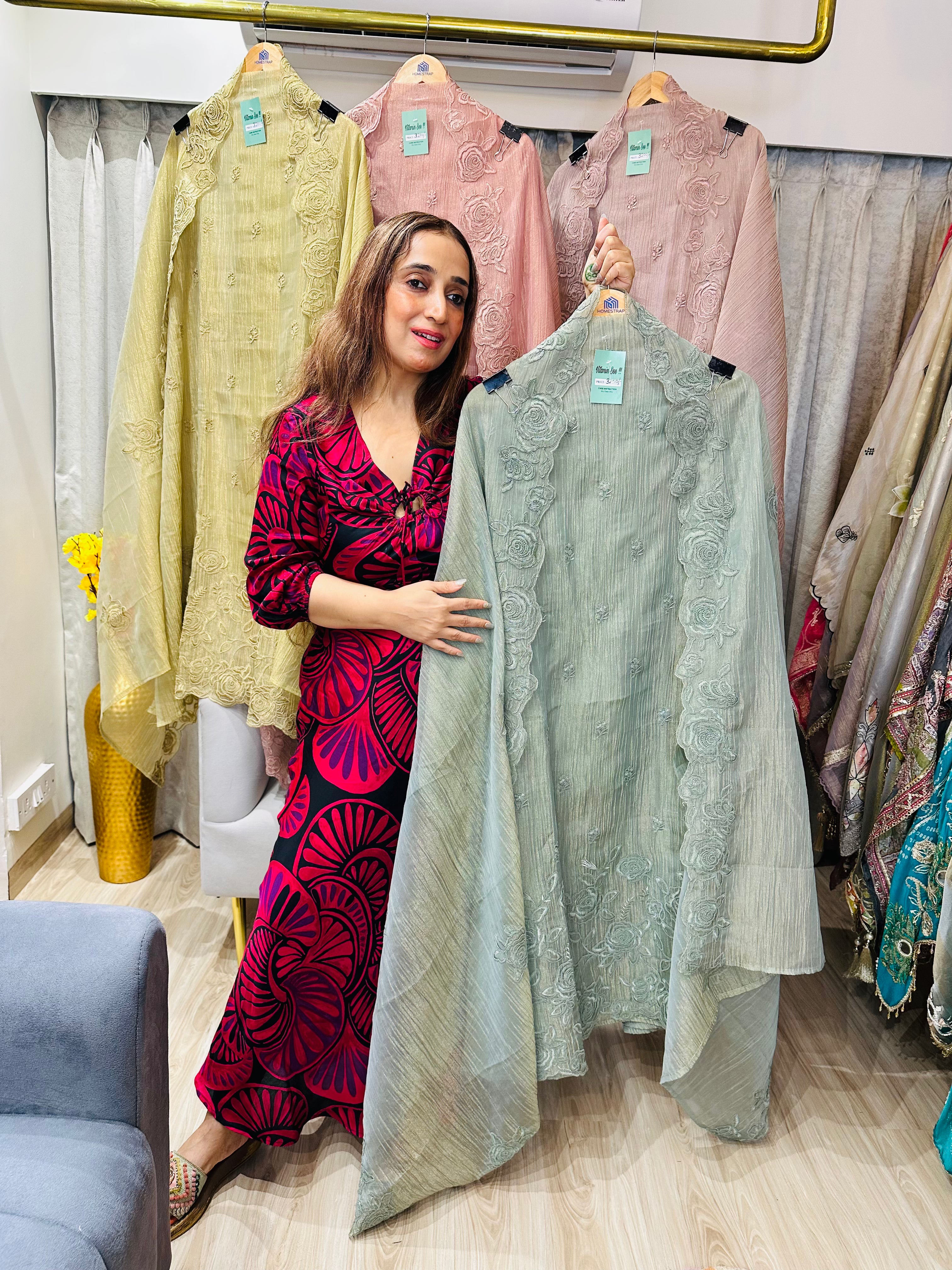 UNSTITCHED PURE CRUSHED SILK PARSI WORK SUITS