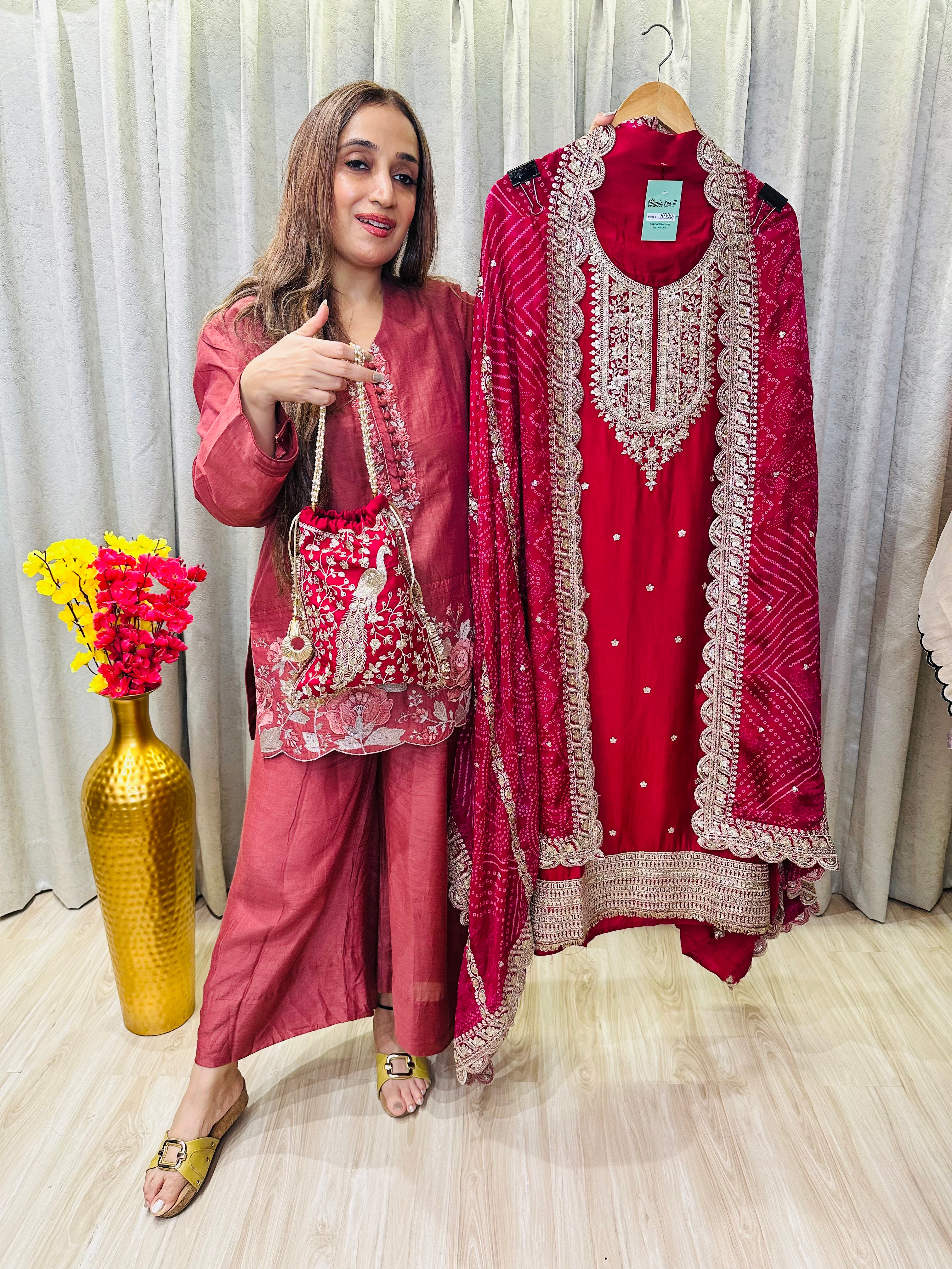 UNSTITCHED PURE SILK SUITS WITH ANTIQUE WORK WITH BEAUTIFUL POTLIS