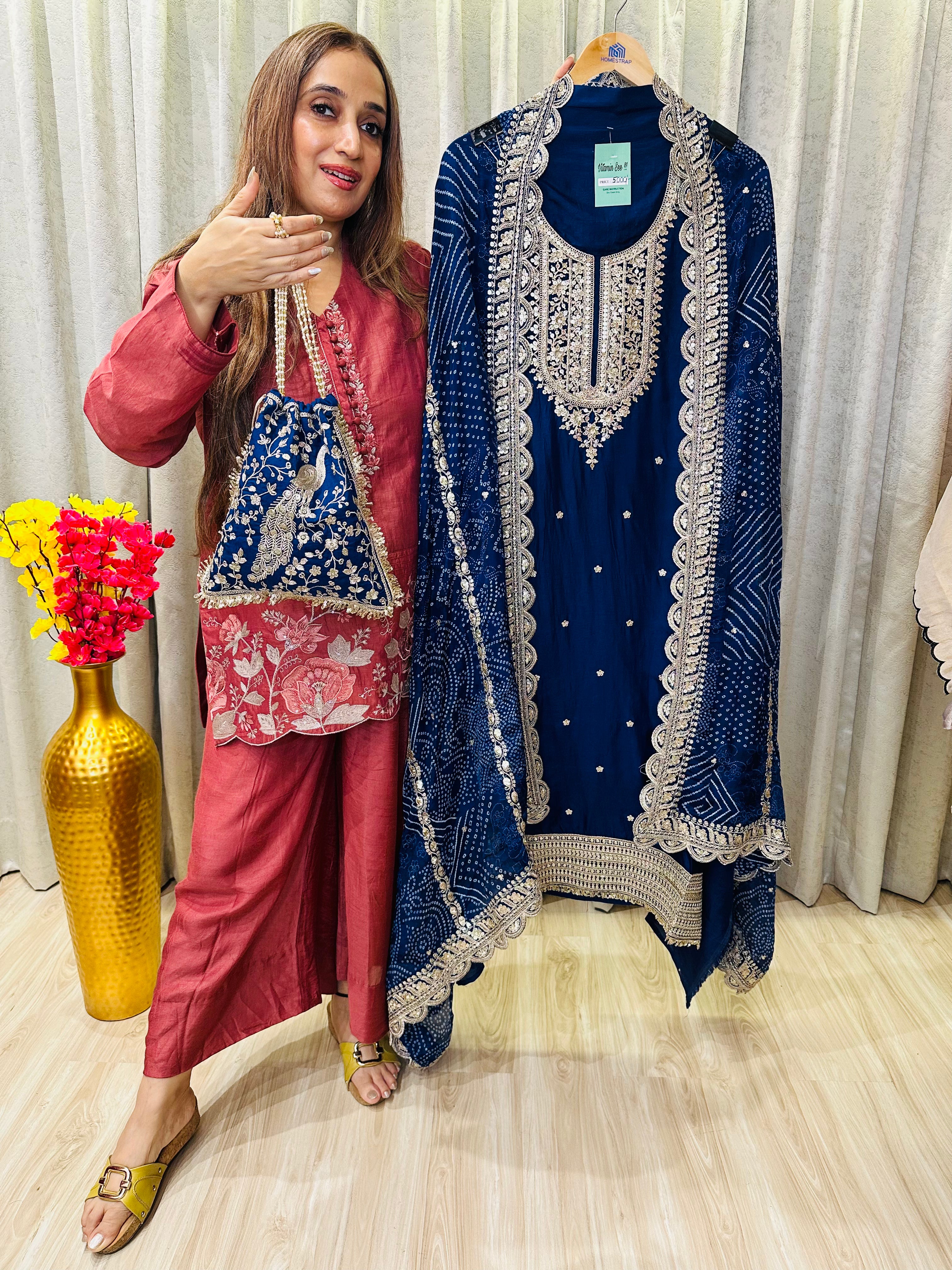 UNSTITCHED PURE SILK SUITS WITH ANTIQUE WORK WITH BEAUTIFUL POTLIS
