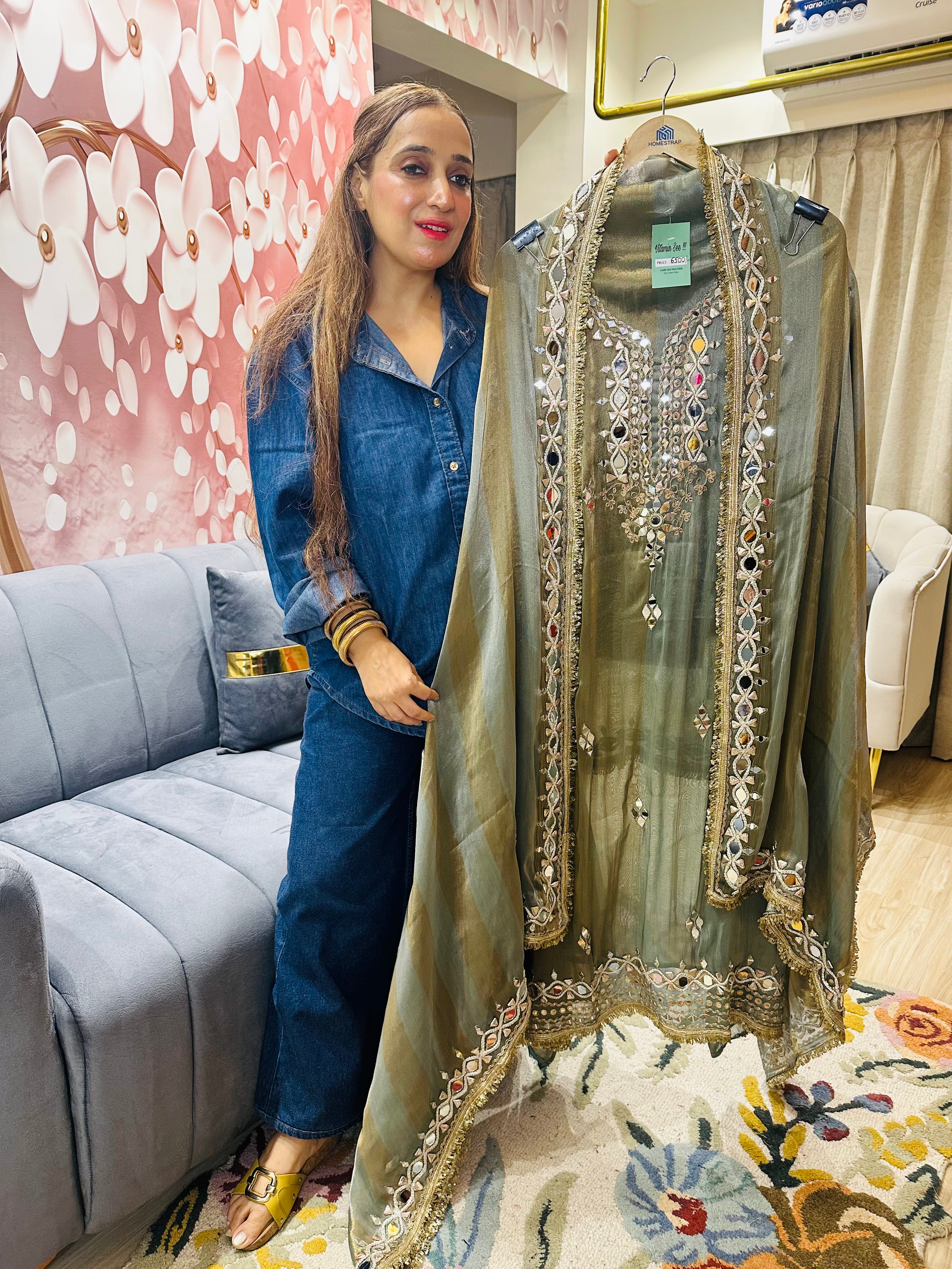 UNSTITCHED PURE TISSUE ORGANZA SHADED SUITS WITH MIRROR WORK AND GOTA WORK.