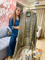 UNSTITCHED PURE TISSUE ORGANZA SHADED SUITS WITH MIRROR WORK AND GOTA WORK.