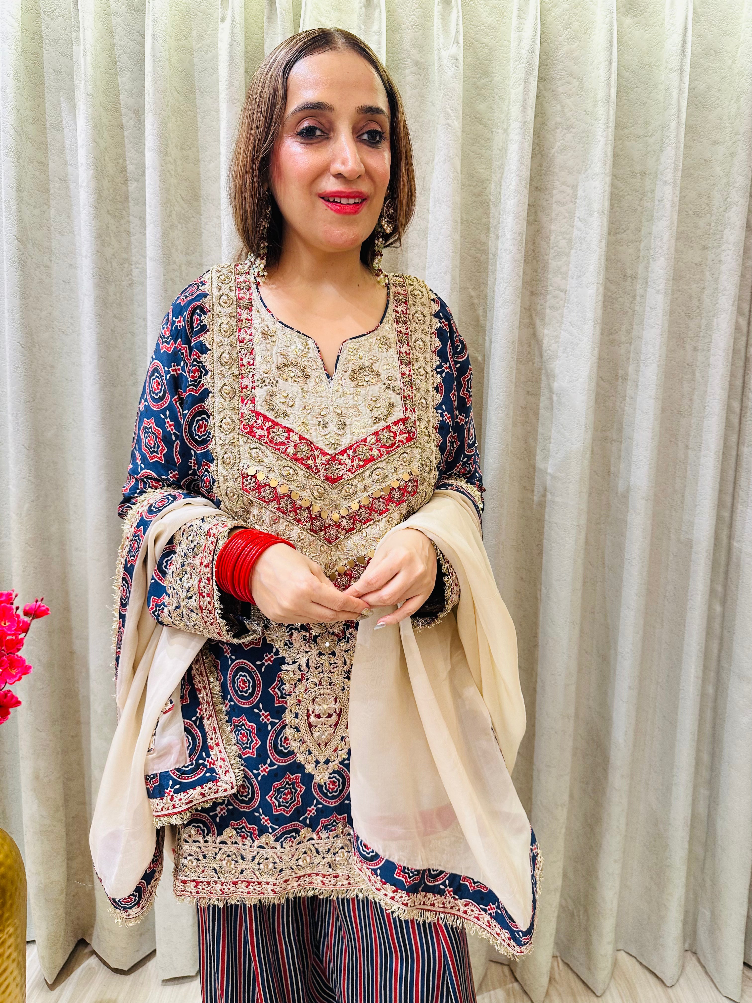 STITCHED PURE CHINON HANDWORK CHOGA SETS WITH FARSHI SALWAR .