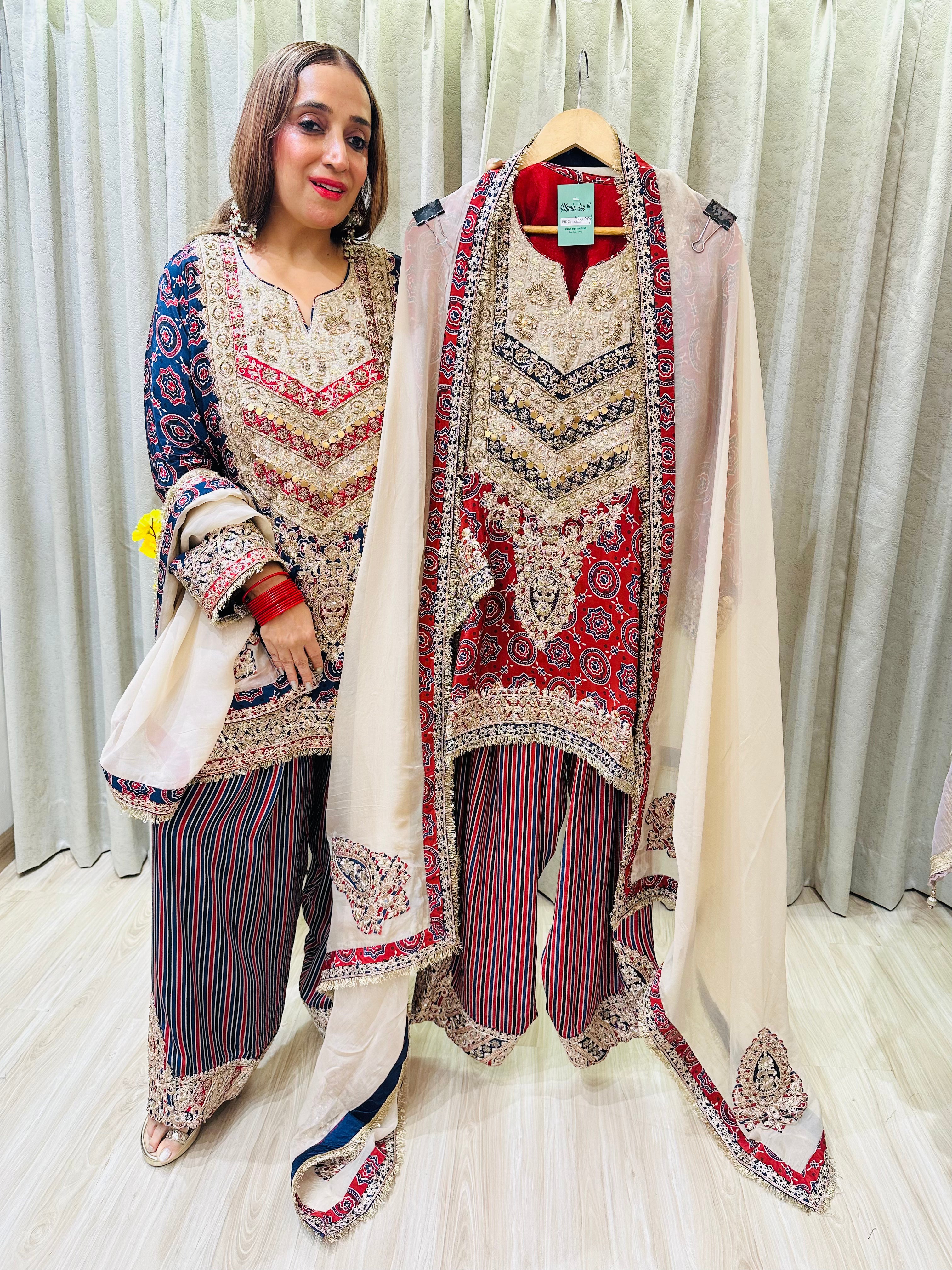 STITCHED PURE CHINON HANDWORK CHOGA SETS WITH FARSHI SALWAR .