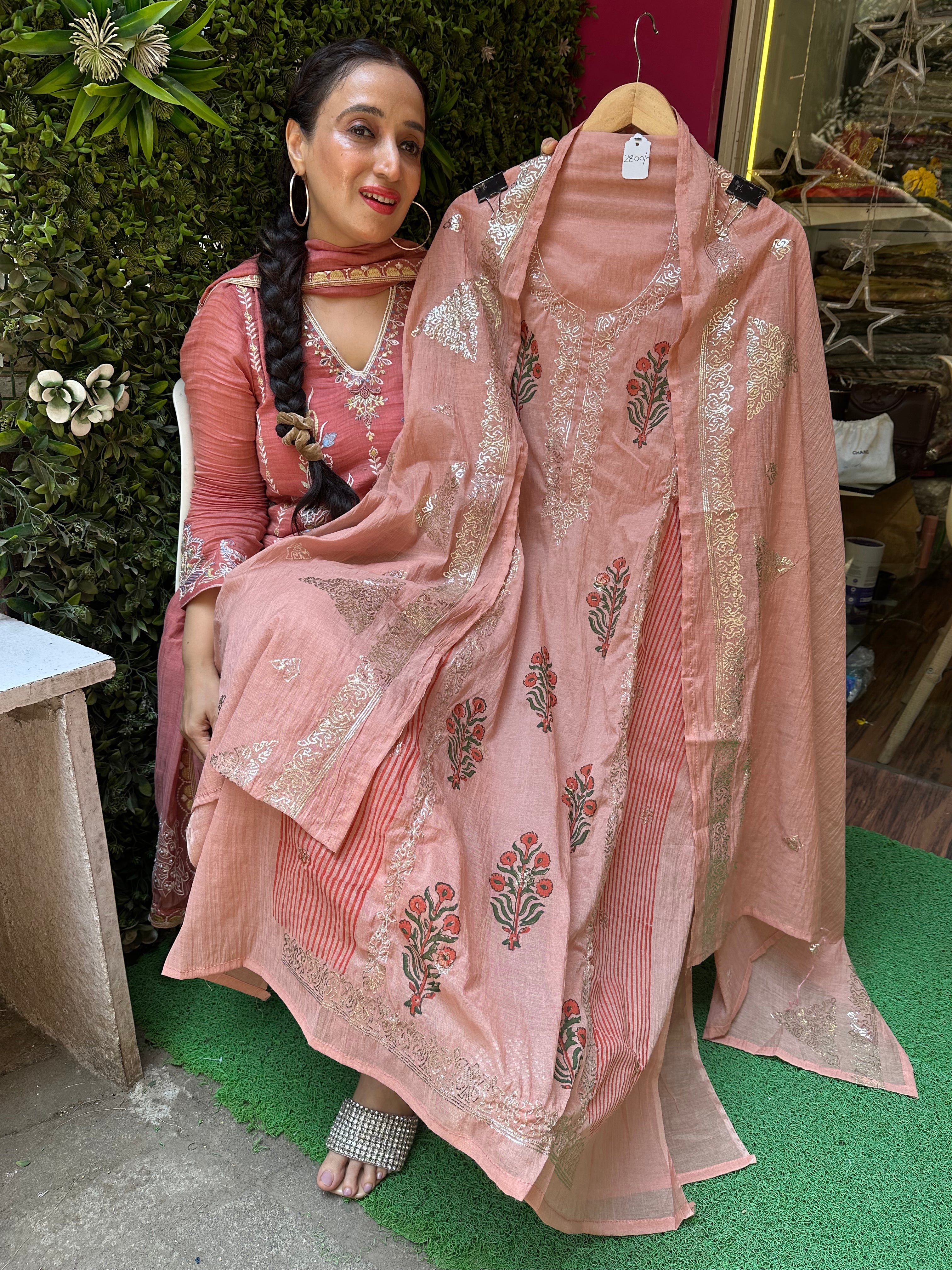 UNSTITCHED PURE MULMUL CHANDERI PITA WORK SUITS
