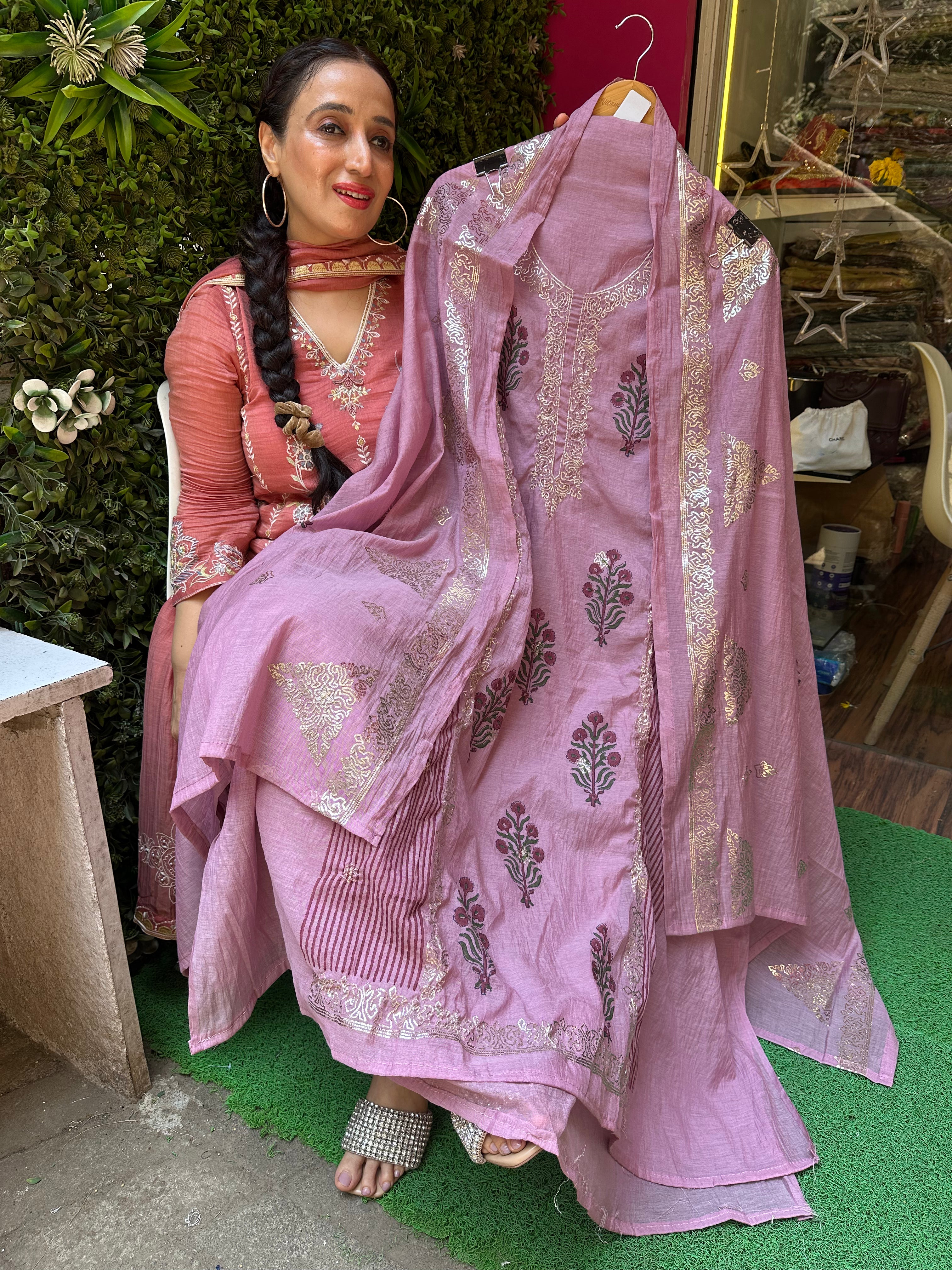 UNSTITCHED PURE MULMUL CHANDERI PITA WORK SUITS