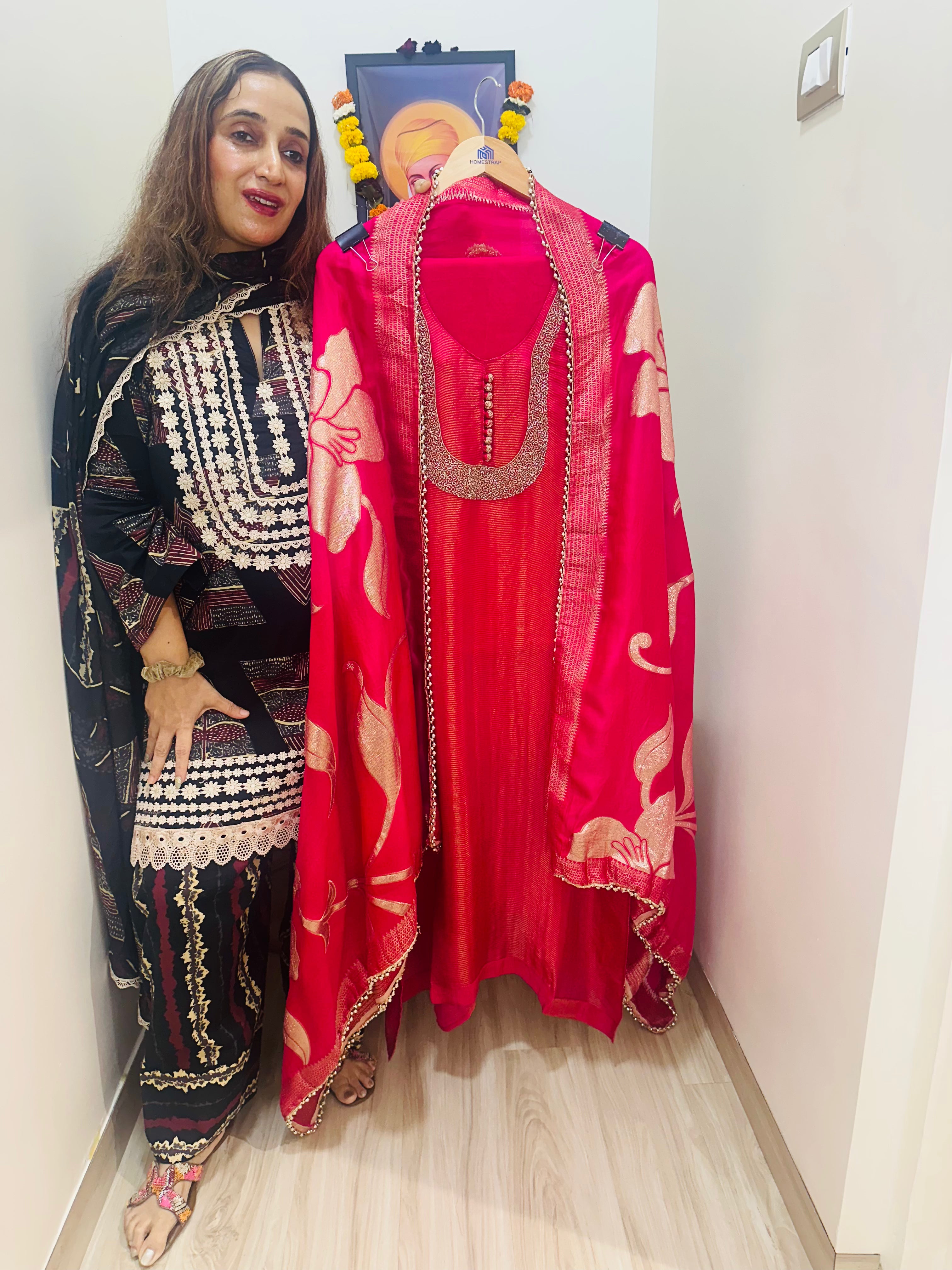 UNSTITCHED PURE SHIMMER SILK NALKI HANDWORK SUITS.