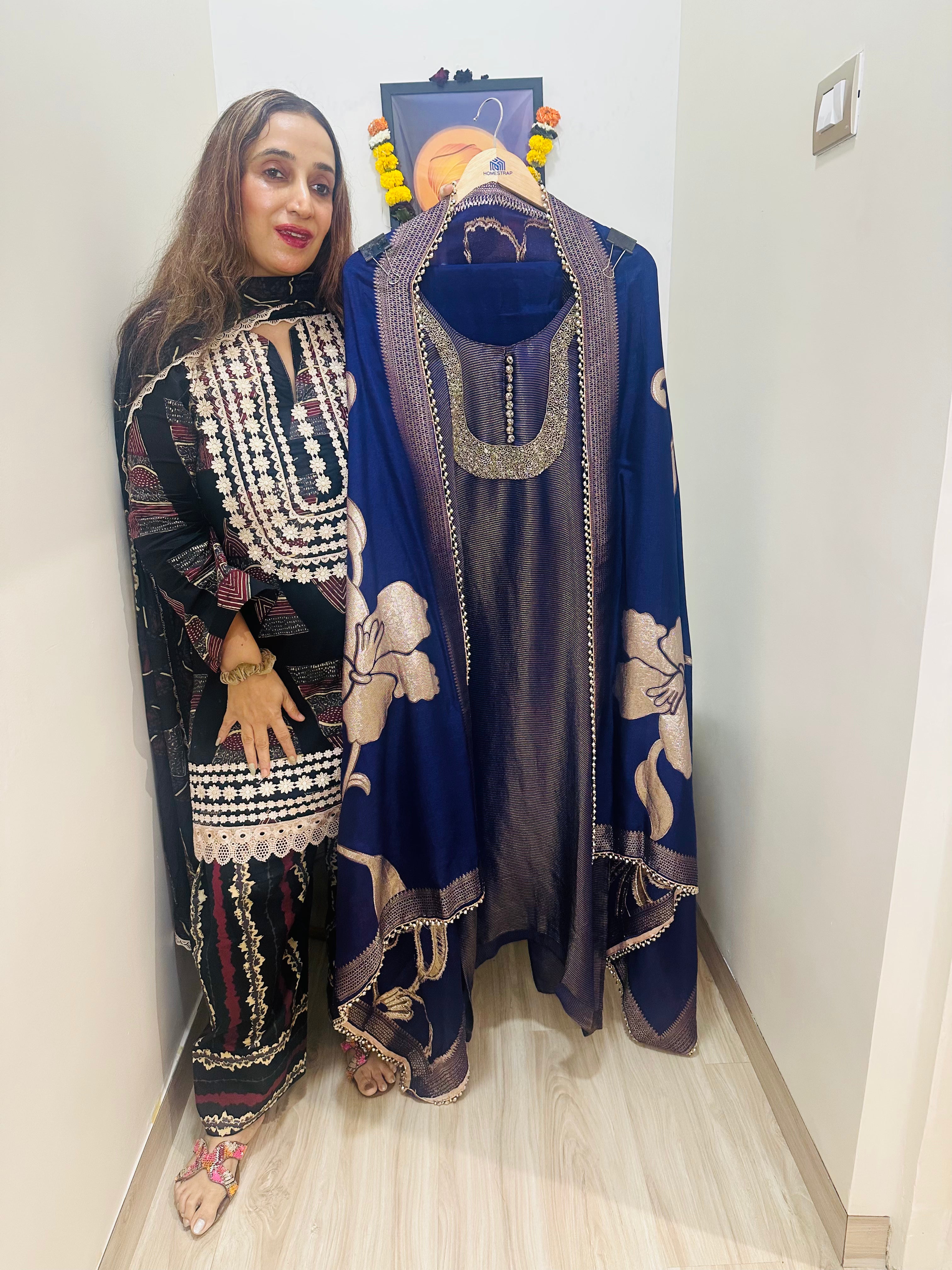 UNSTITCHED PURE SHIMMER SILK NALKI HANDWORK SUITS.