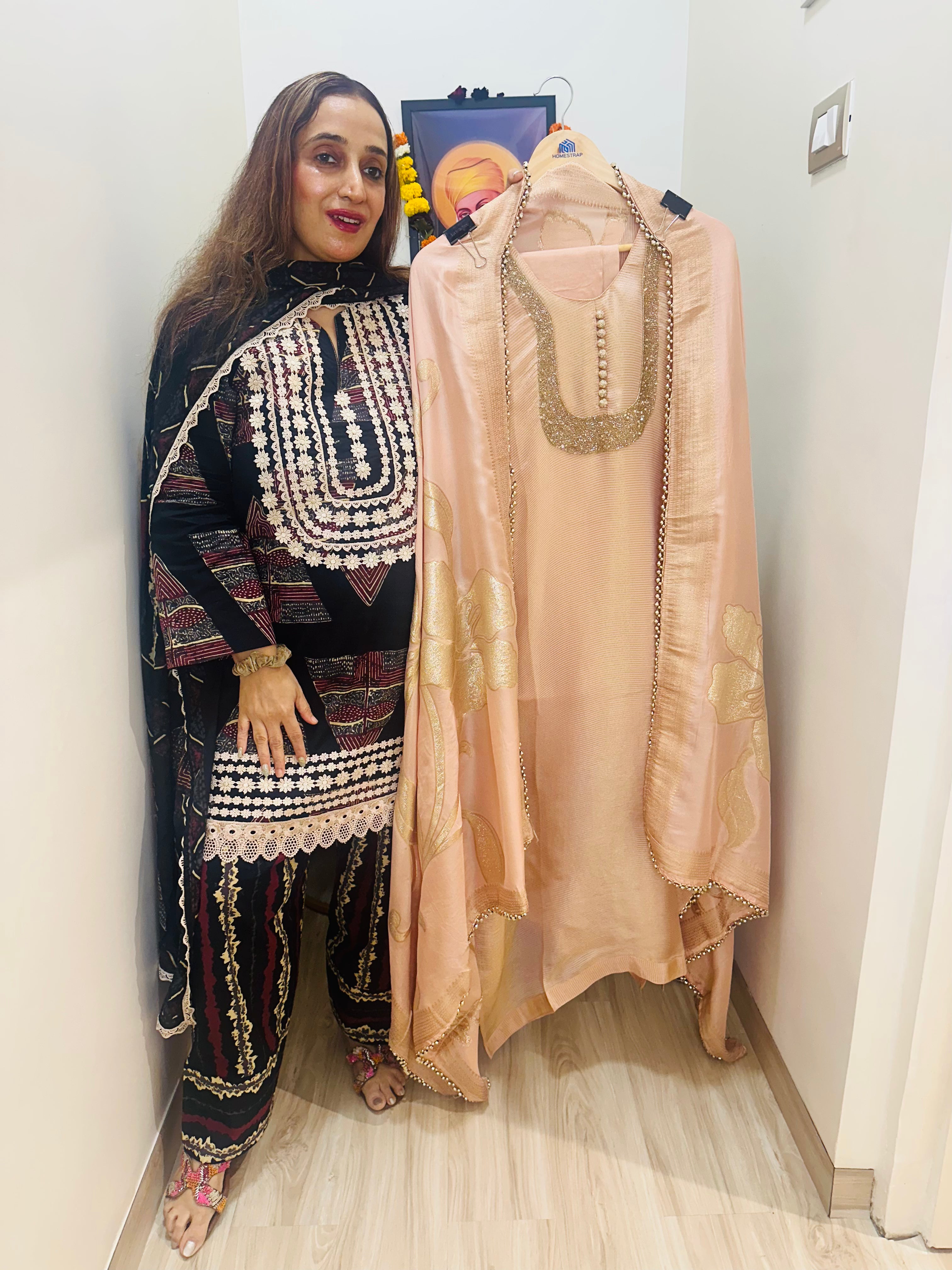 UNSTITCHED PURE SHIMMER SILK NALKI HANDWORK SUITS.