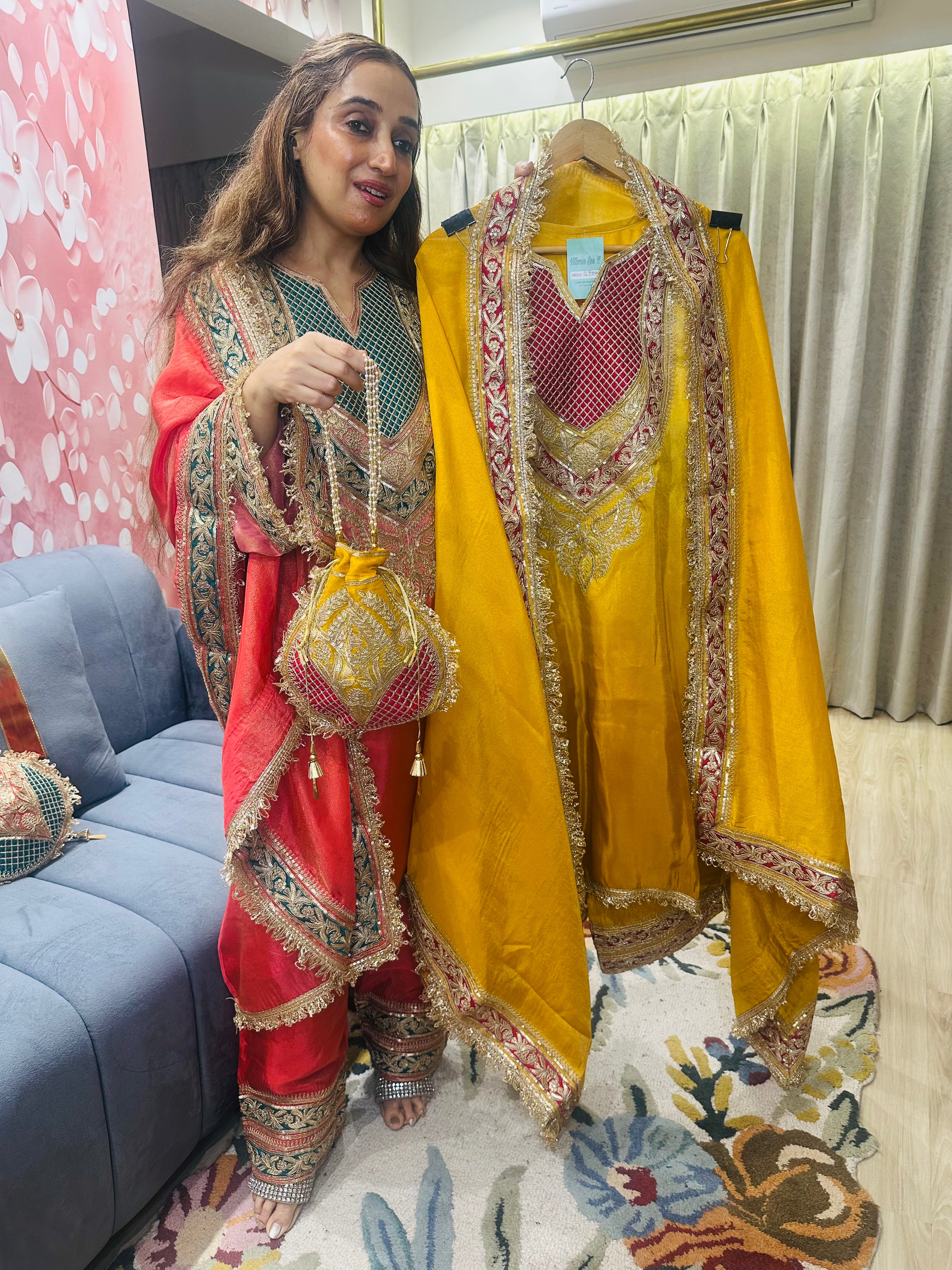STITCHED PURE TISSUE ORGANZA CHOGA SETS WITH FARSHI SALWAR AND POTLIS