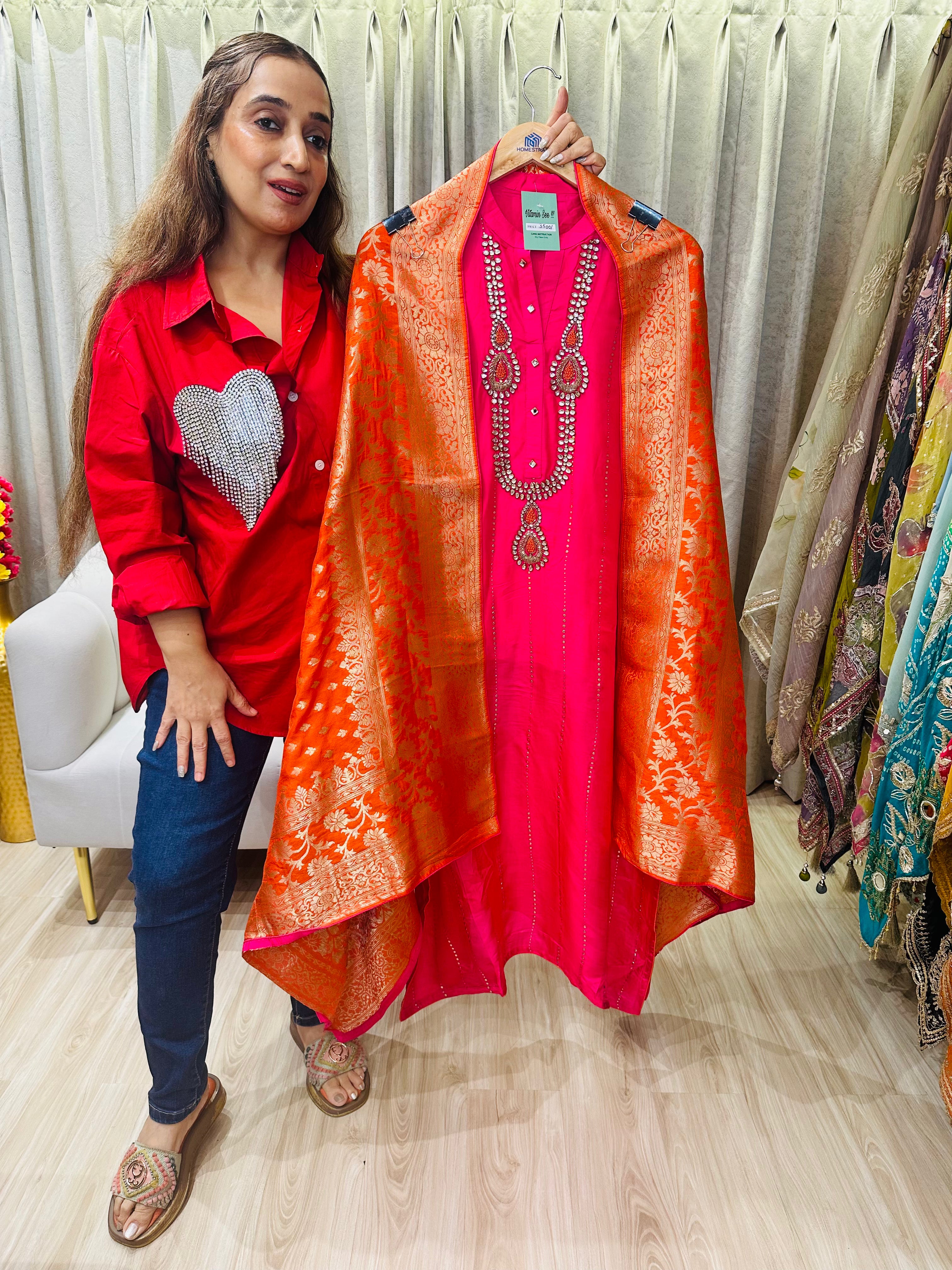 UNSTITCHED PURE RUSSIAN SILK KUNDAN WORK SUITS WITH BANARSI DUPATTAS