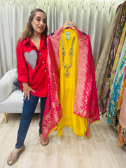 UNSTITCHED PURE RUSSIAN SILK KUNDAN WORK SUITS WITH BANARSI DUPATTAS