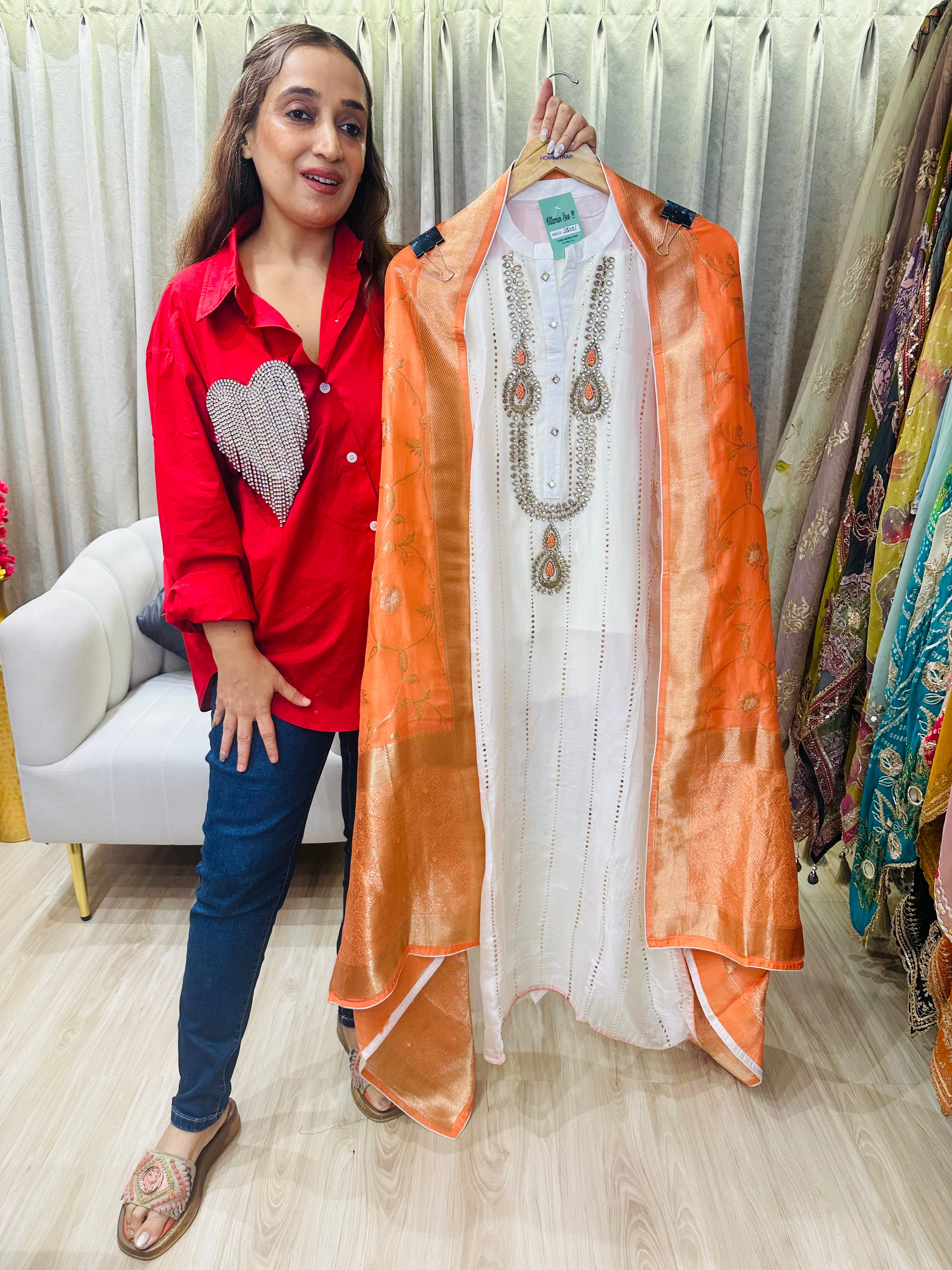 UNSTITCHED PURE RUSSIAN SILK KUNDAN WORK SUITS WITH BANARSI DUPATTAS