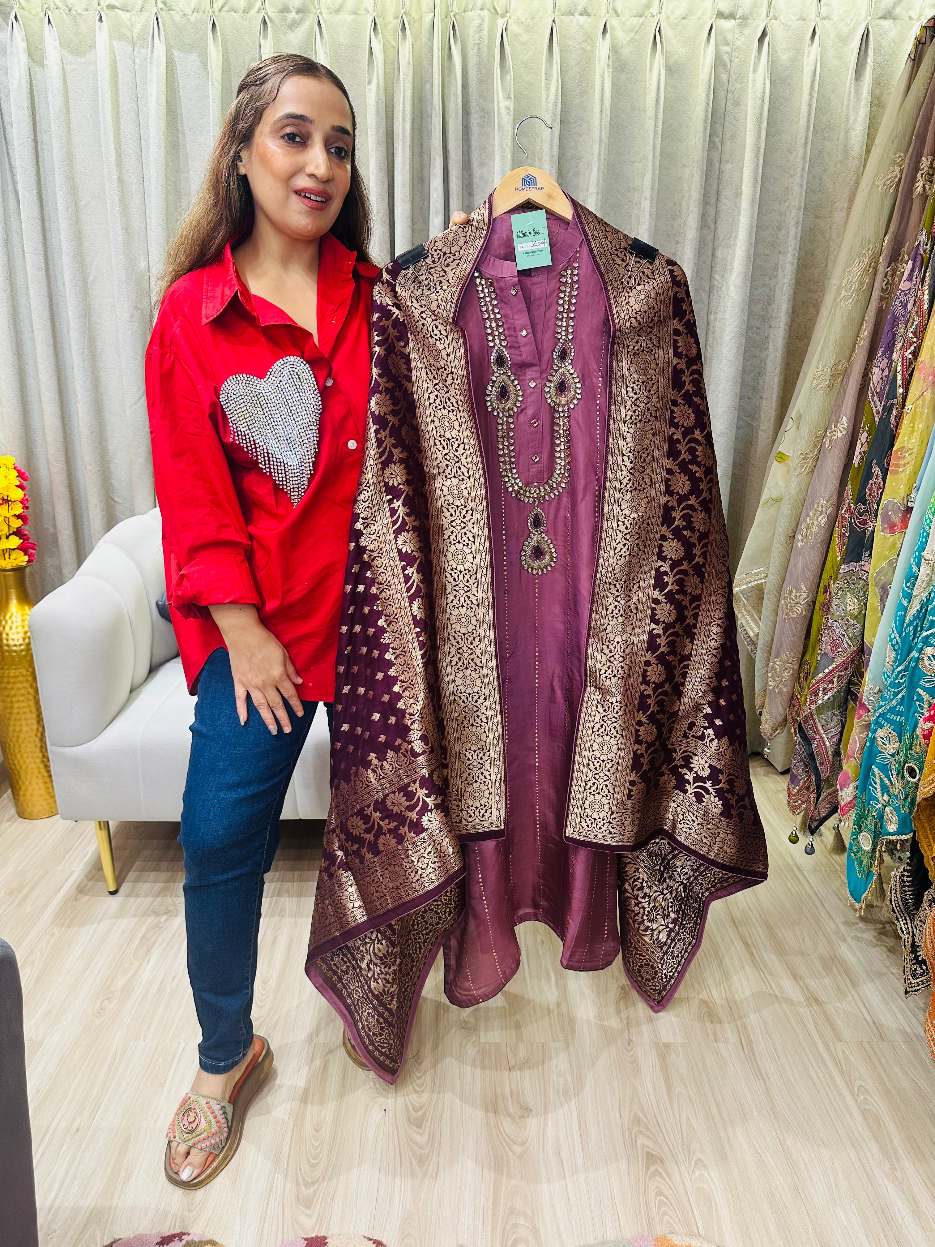 UNSTITCHED PURE RUSSIAN SILK KUNDAN WORK SUITS WITH BANARSI DUPATTAS