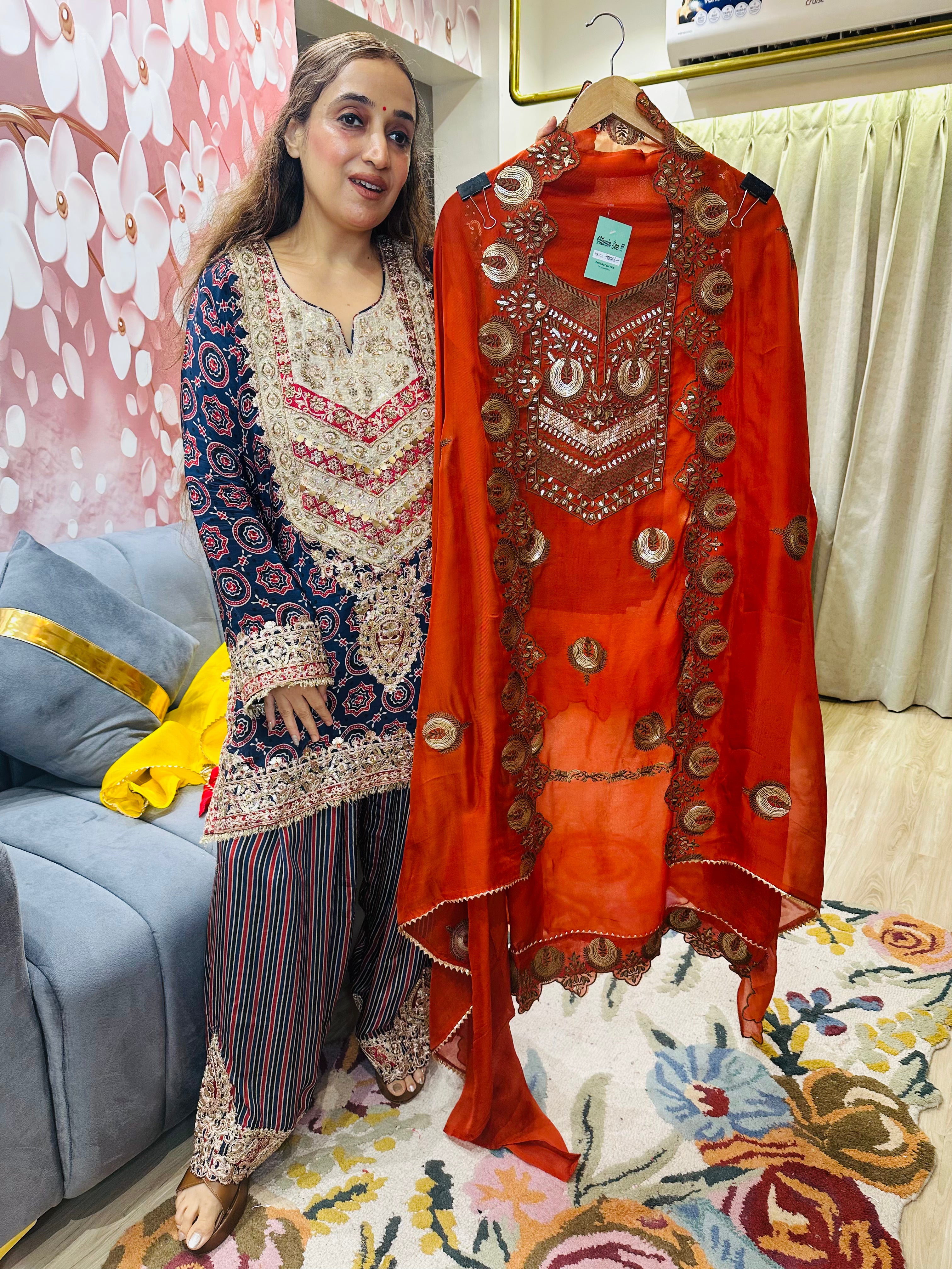 UNSTITCHED PURE TWILL ORGANZA KASHMIRI WORK INSPIRED SUITS