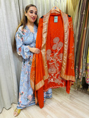 UNSTITCHED PURE SATIN SILK HANDWORK THE GHADOLI SUIT.